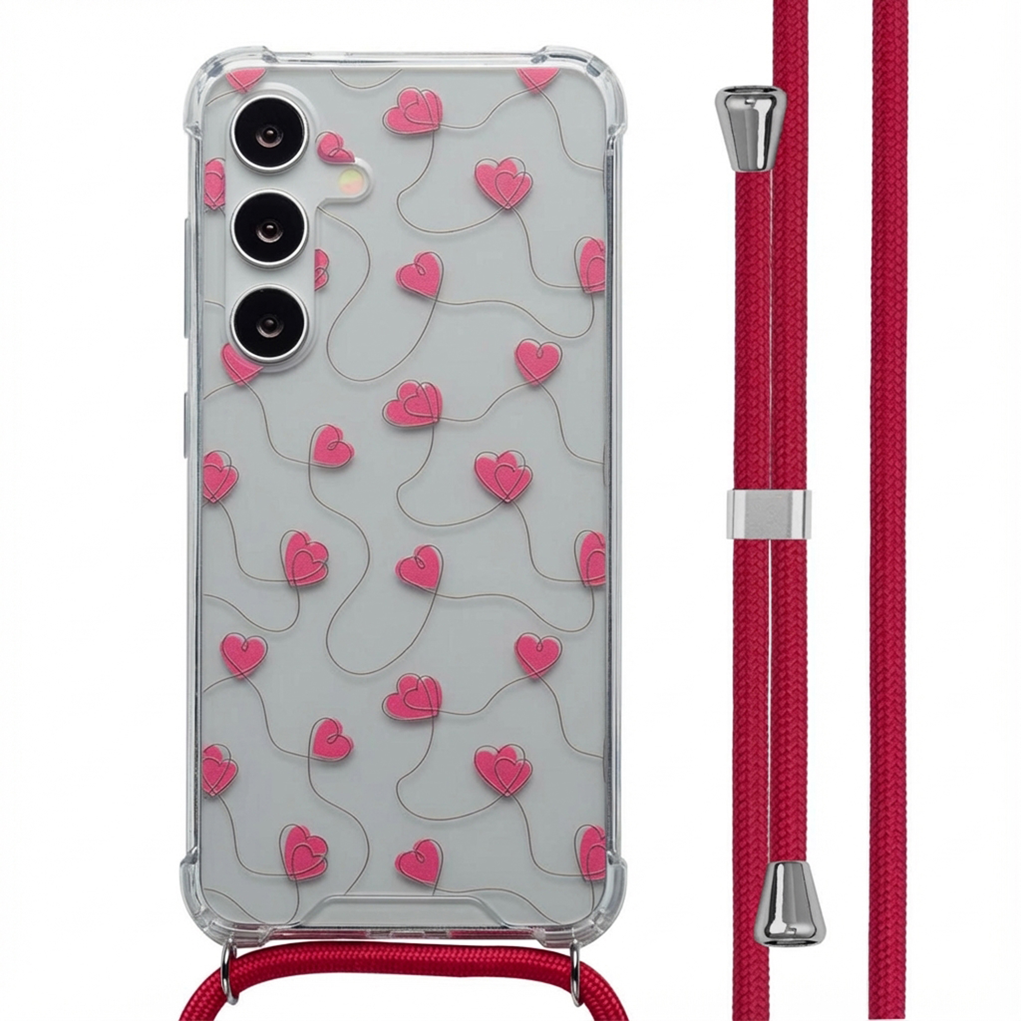 Coque de téléphone avec coeurs roses sur fond gris, attachée à un cordon rouge avec des accents argentés.