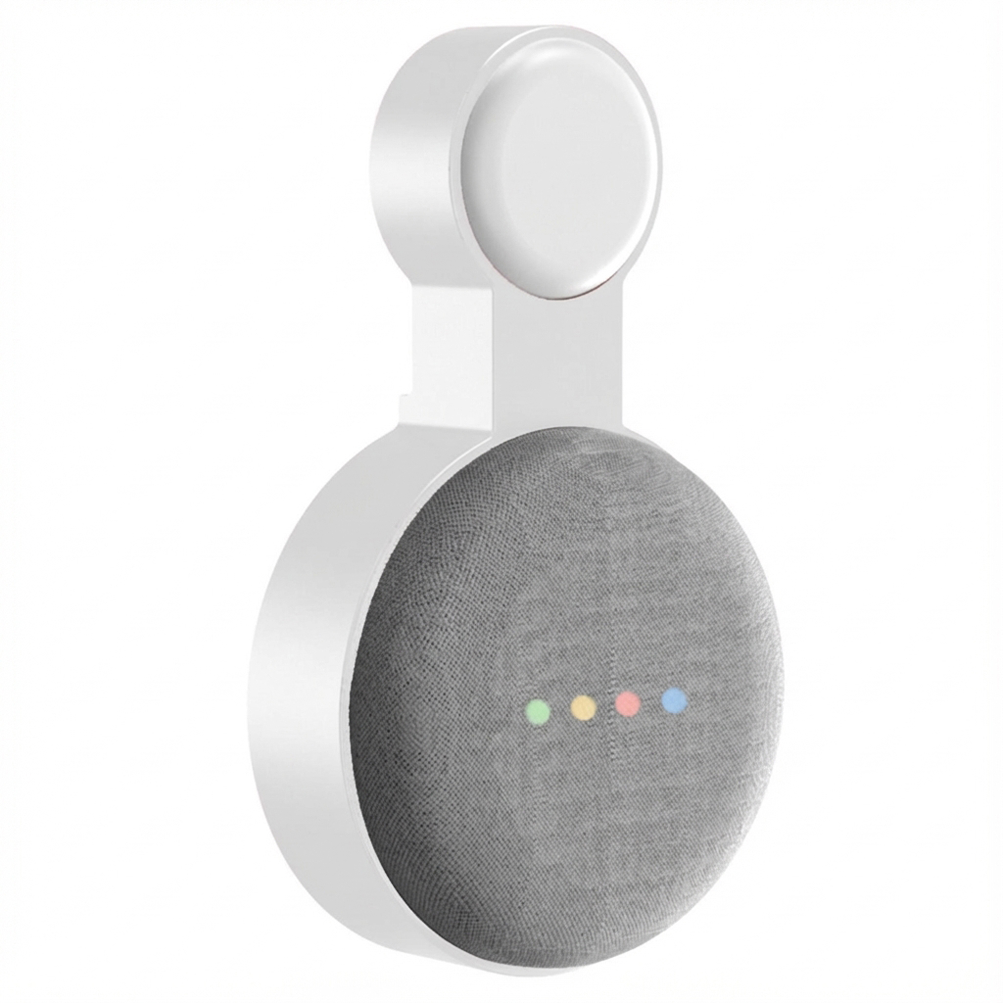 Een grijze Google Nest Mini-luidspreker in een witte wandhouder. De luidspreker heeft veelkleurige lichten.