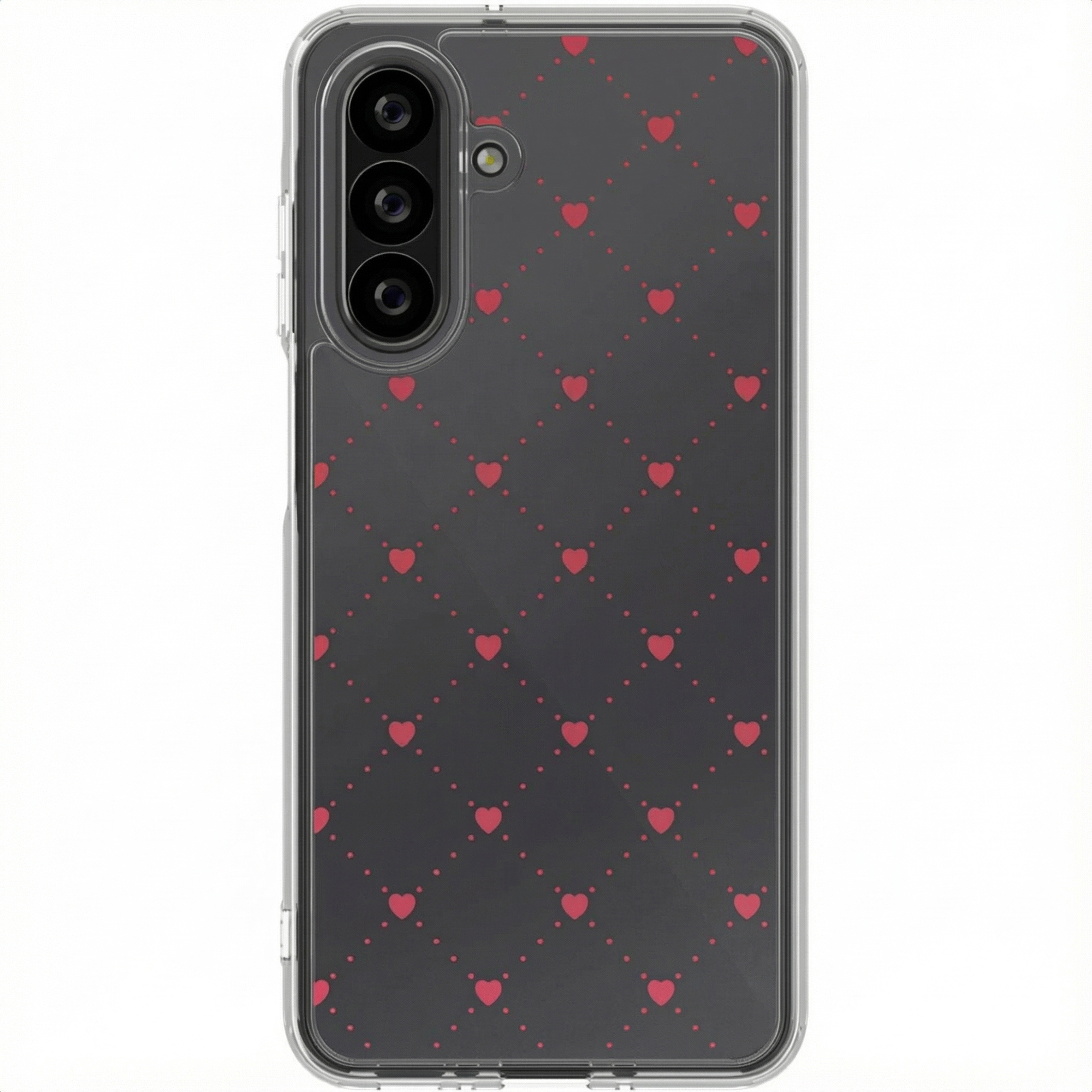Een telefoon in een transparante hoes met een zwarte achtergrond en een rood hartjespatroon wordt getoond.