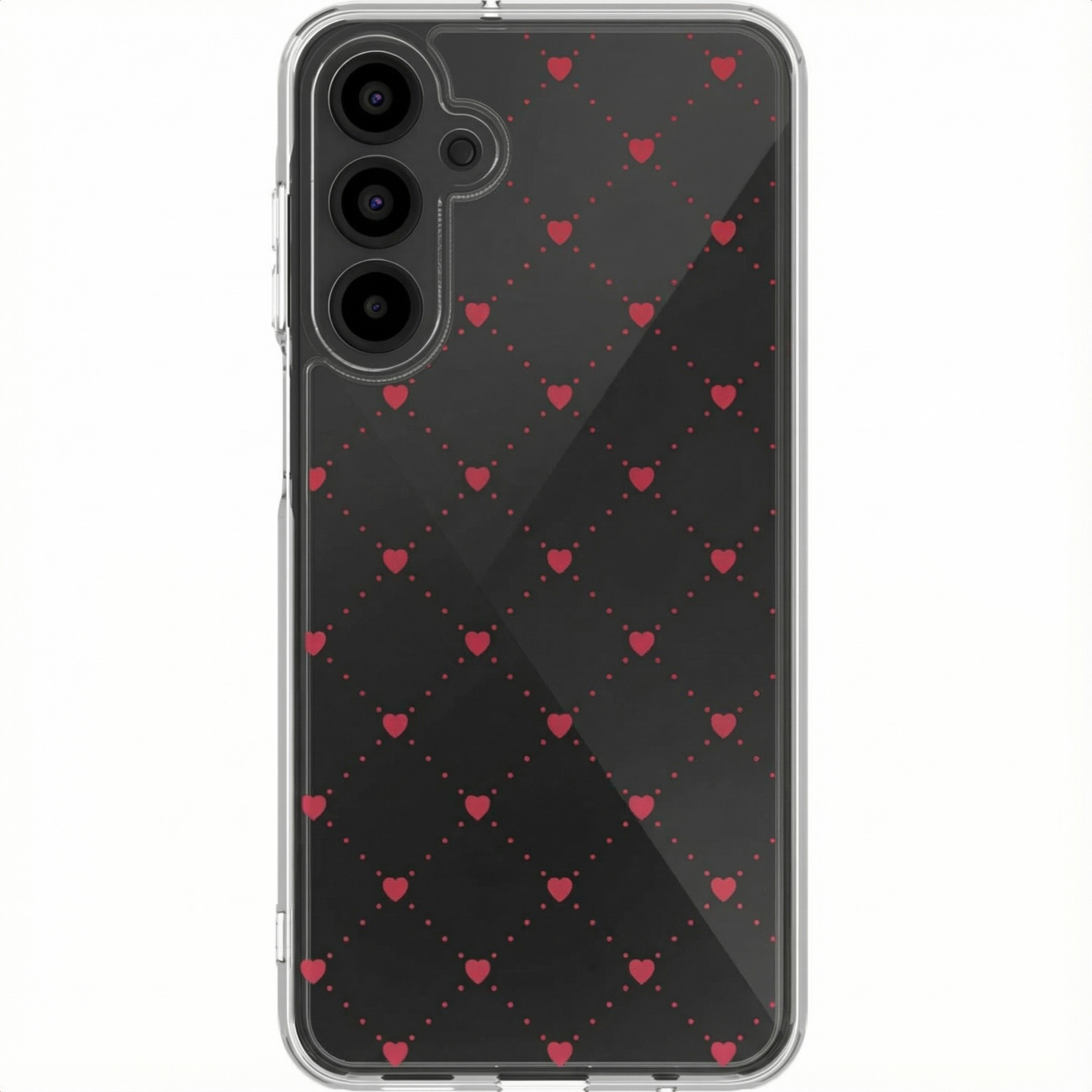 Een telefoonhoesje met een zwarte achtergrond en een patroon van rode harten en stippen.