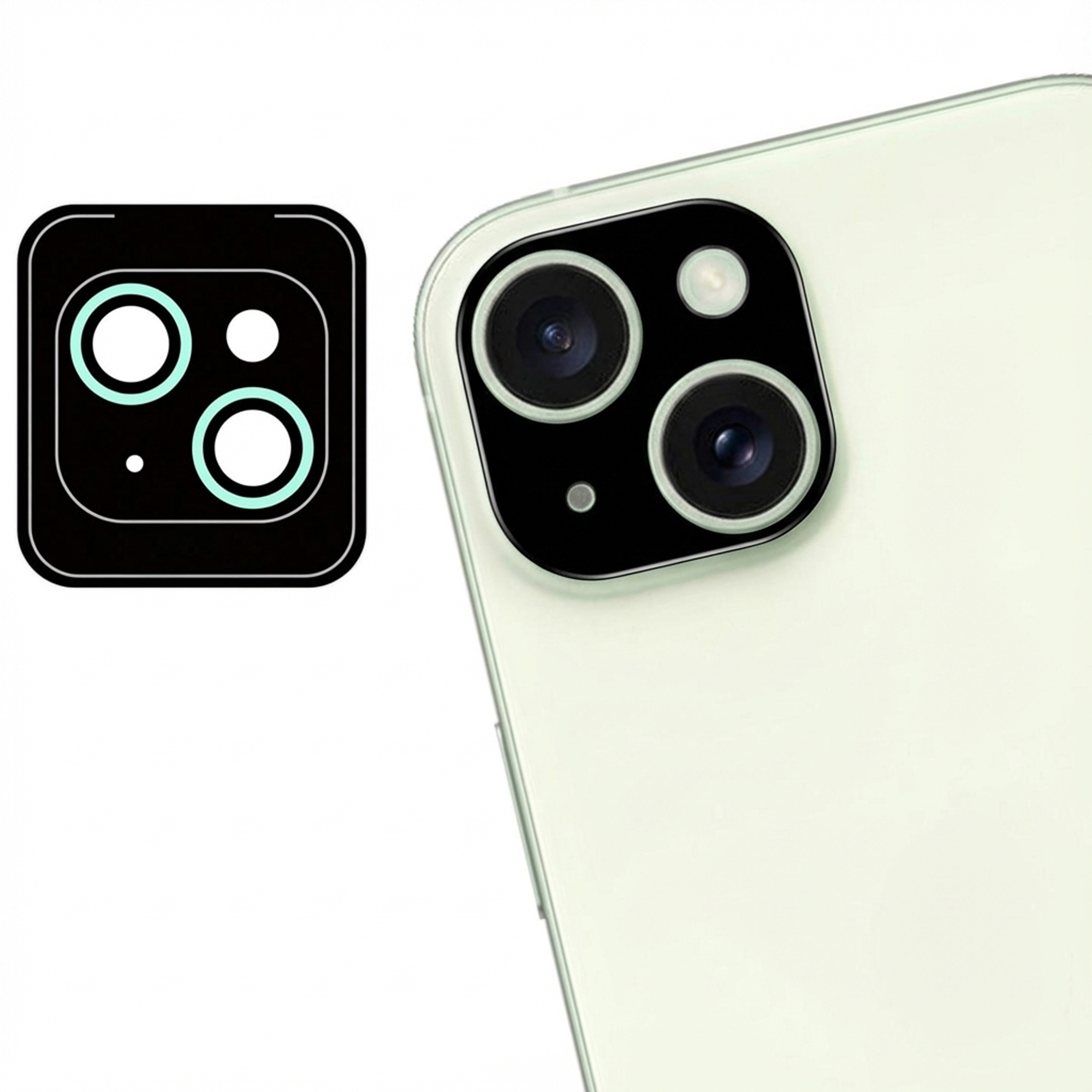A phone's camera module with 3 lenses and flash. A screen protector is next to it, showing another module design.