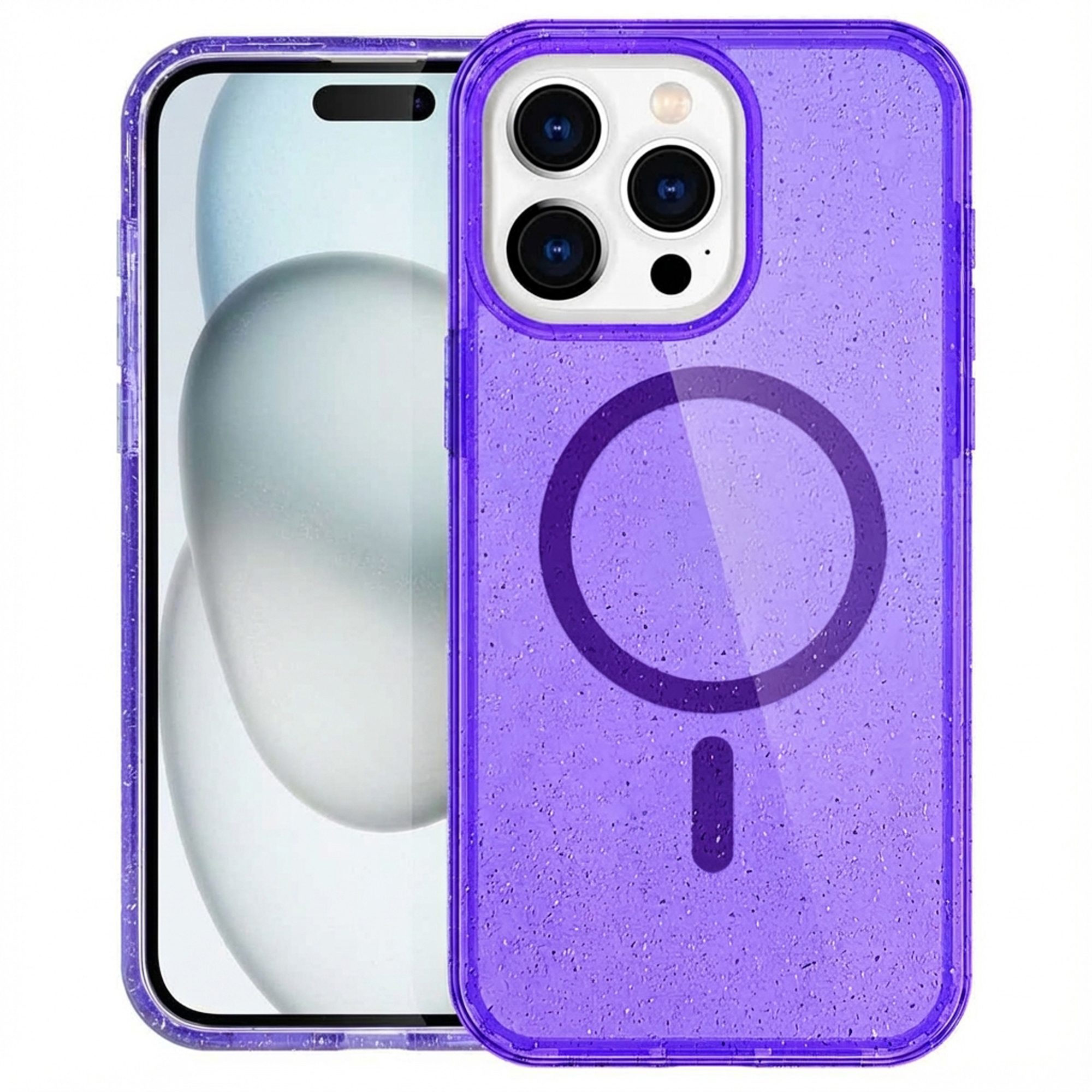 Paarse telefoonhoes met spikkels en een magnetische ring. De telefoon is zichtbaar door het scherm.