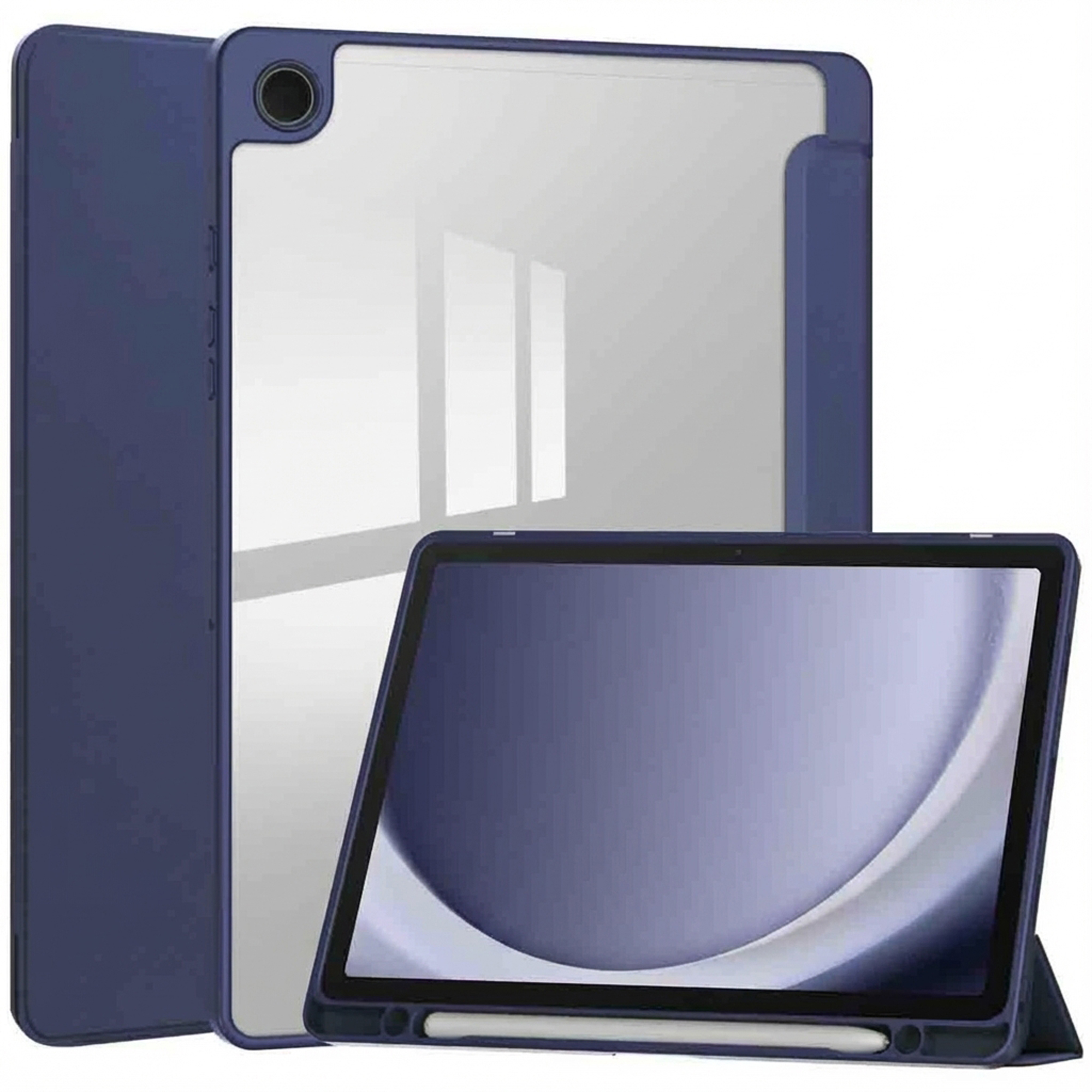 A tablet with a blue case. The case has a clear back and a stand. A stylus is visible.