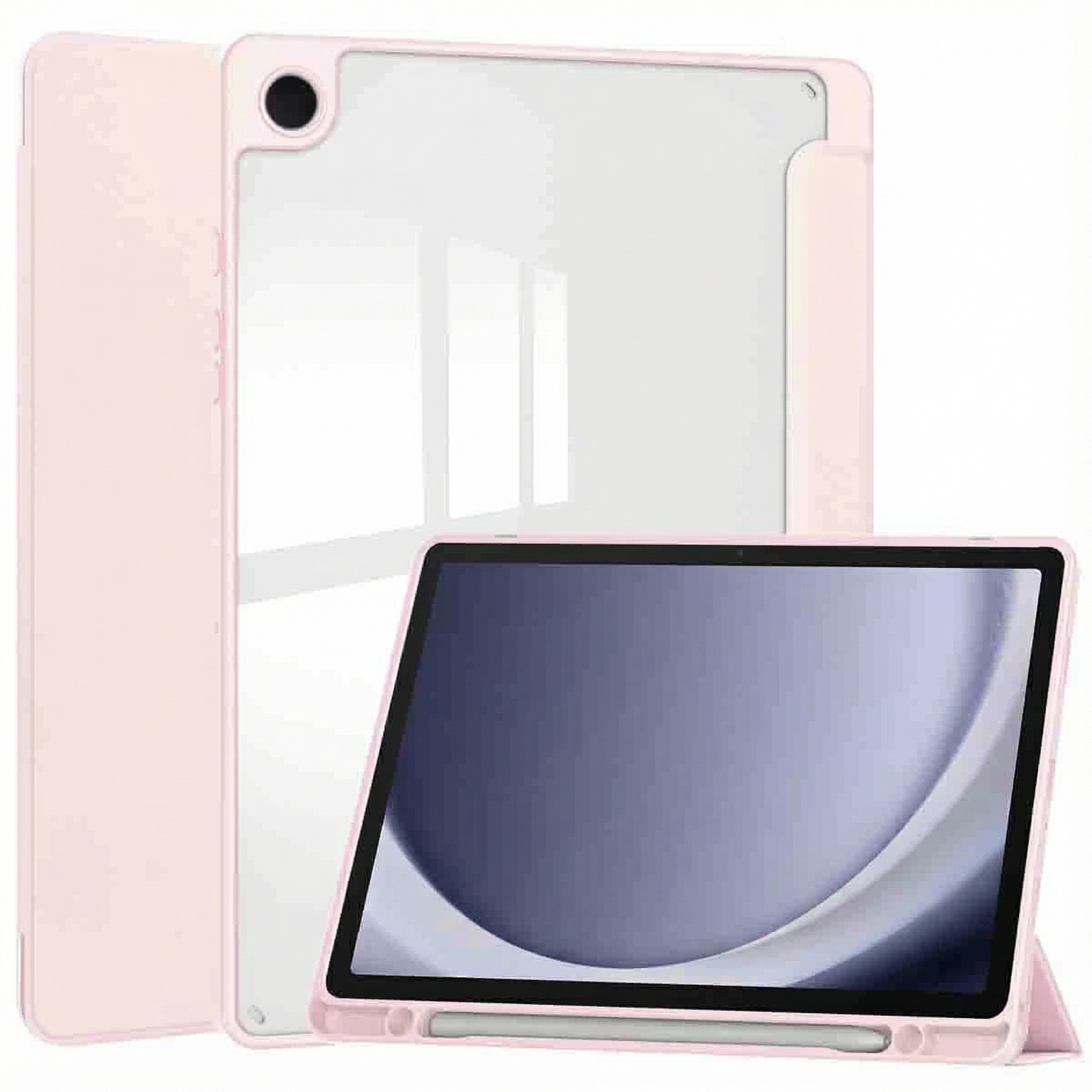 A pink tablet case with a tablet inside. The case is open, showing the screen. A stylus is attached.