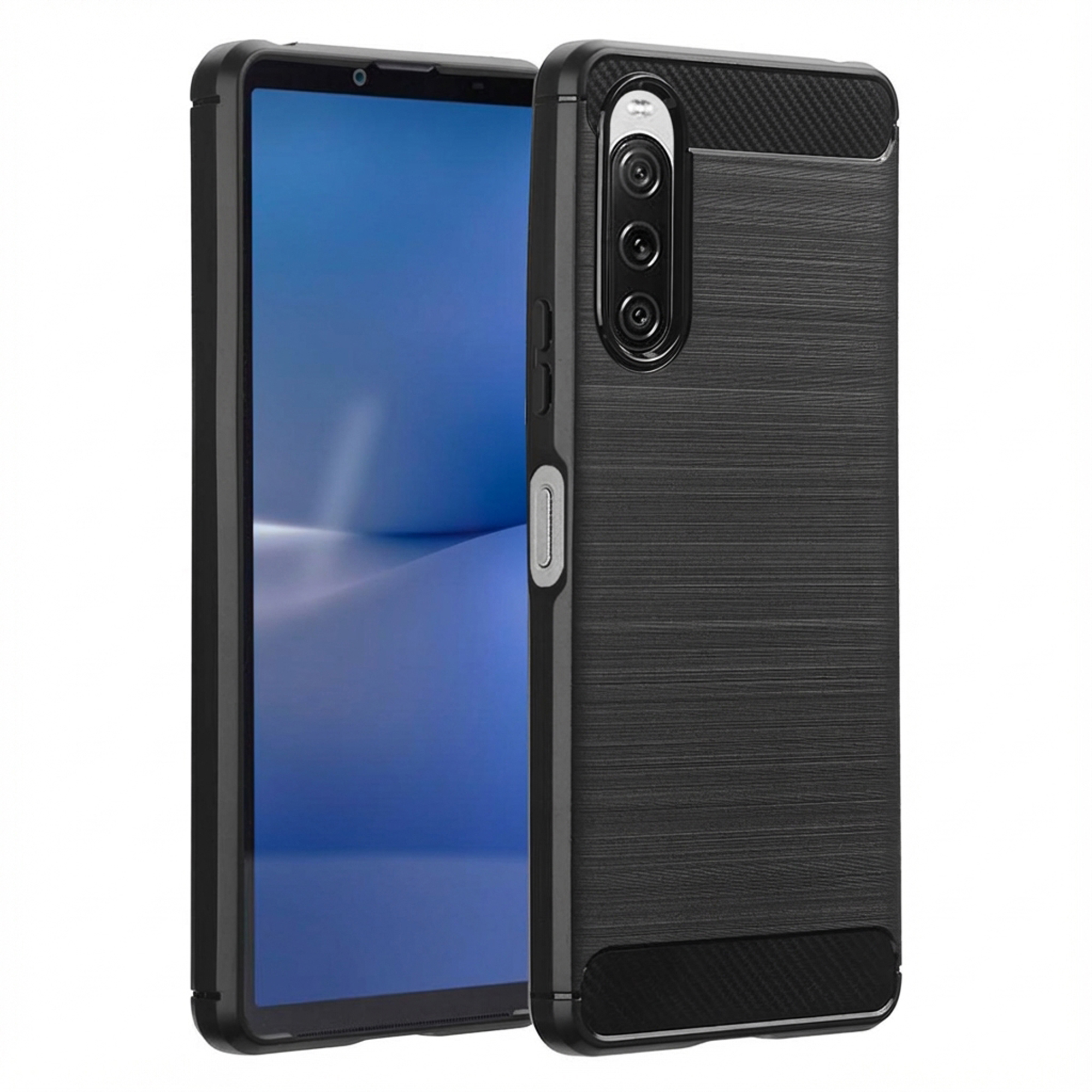 Un smartphone dans un étui noir, avec un écran bleu, à côté d'un étui similaire. Fond blanc.