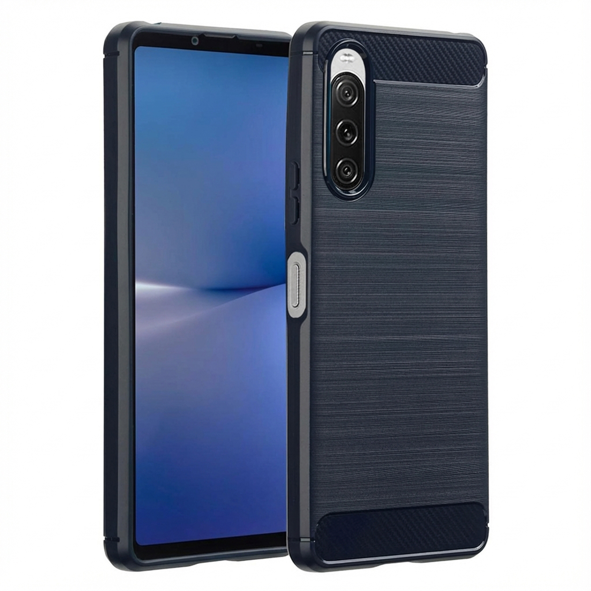 Een donkerblauwe telefoon met hoesje toont een blauw scherm. De hoes heeft een textuur met camera.