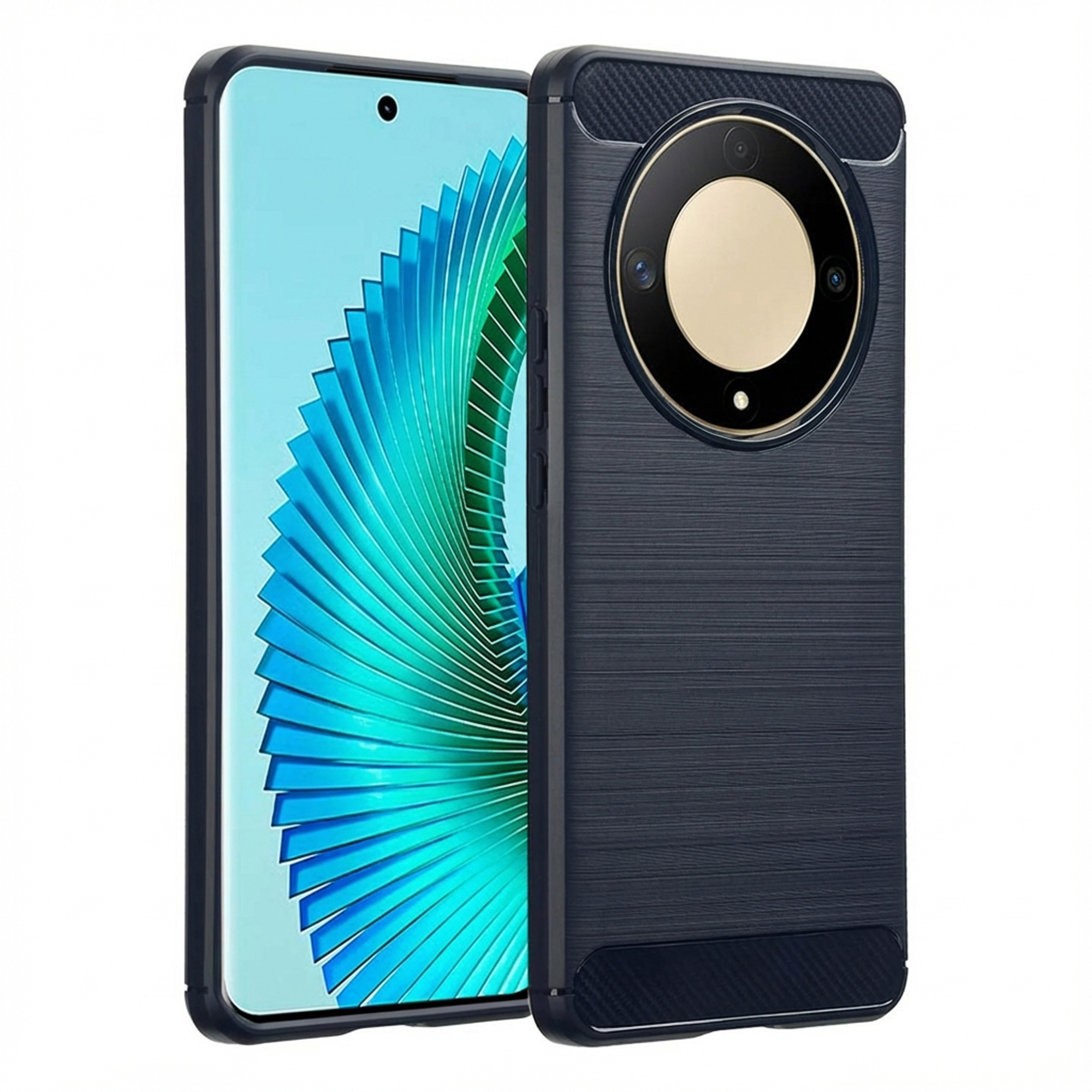 Telefono con custodia. Il telefono ha uno schermo blu e una custodia blu navy con dettagli della fotocamera.