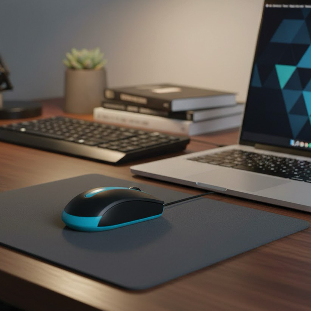 Bir bilgisayar faresi mousepad'de duruyor. Dizüstü bilgisayar, klavye, kitaplar ve bir bitki ahşap bir masada.