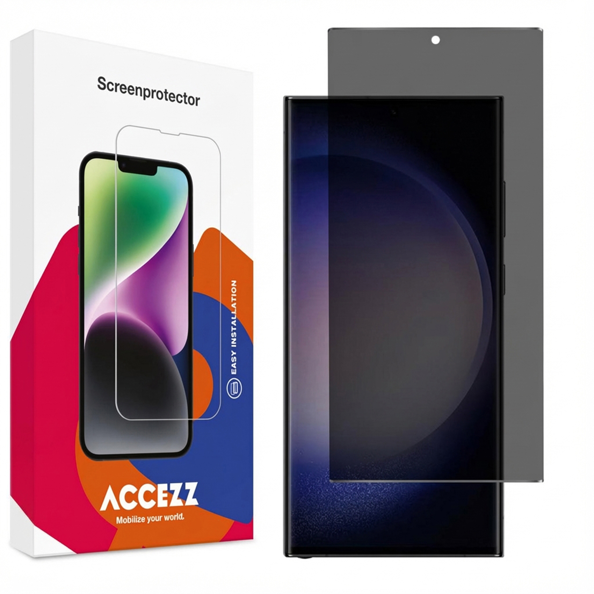 Een telefoon screenprotector kit. Het bevat een telefoon, een screenprotector en verpakking met het merk ACCEZZ.