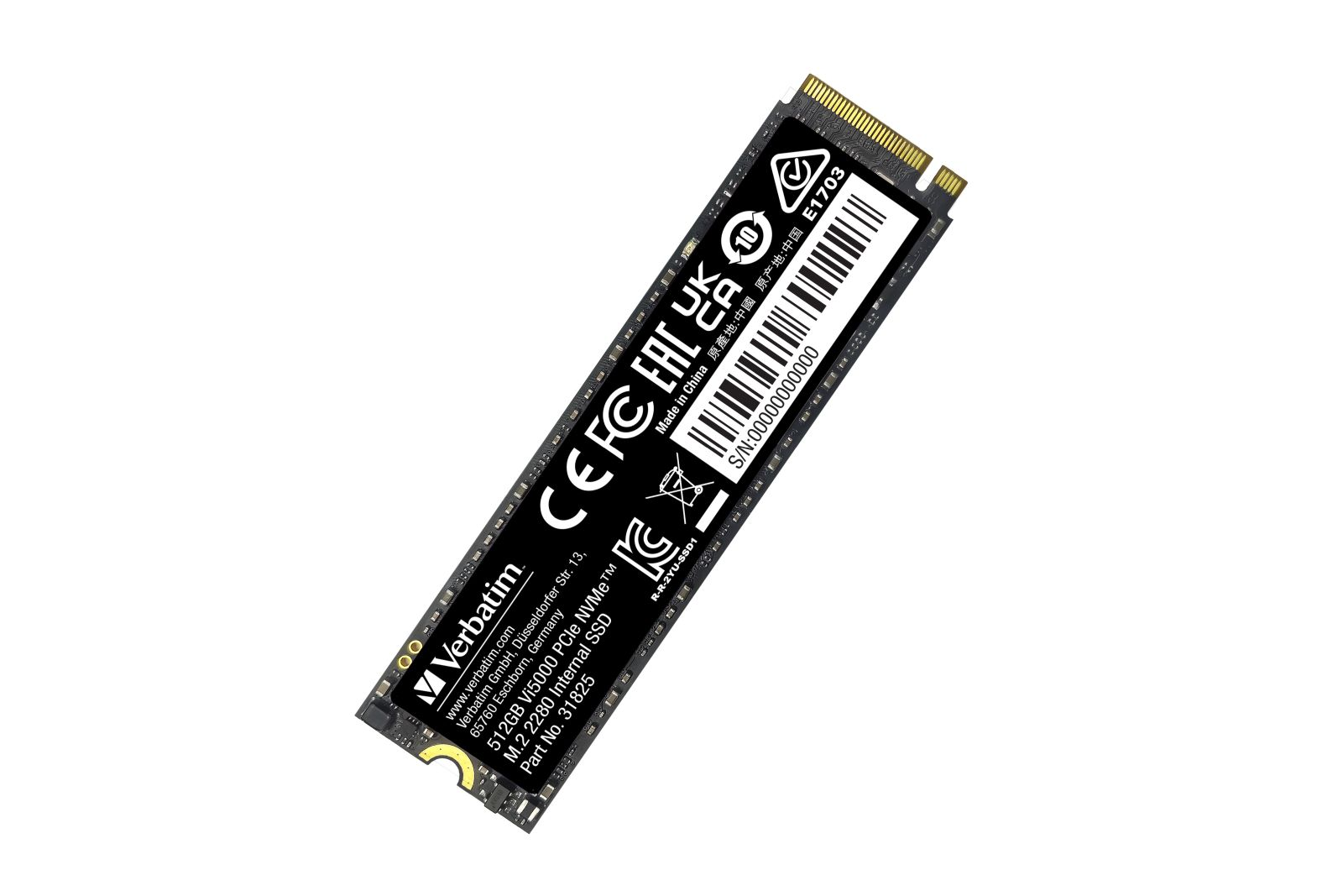 Un SSD interno Verbatim M.2 2280 su sfondo bianco, con dettagli neri e dorati. Ha varie certificazioni e numeri di serie.