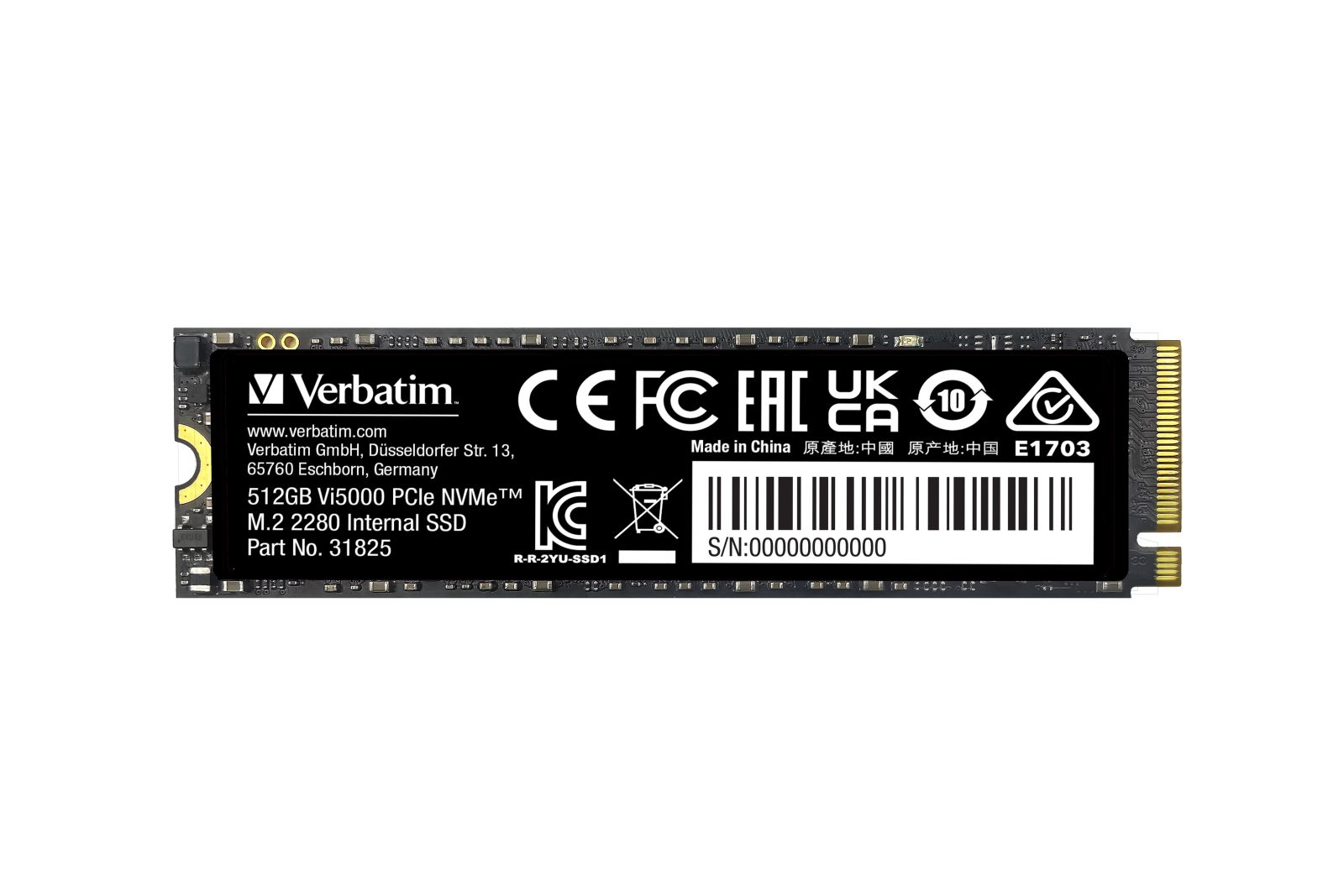 Un SSD interno Verbatim 512GB Vi5000 PCIe NVMe M.2 2280 su sfondo bianco, con testo e loghi.