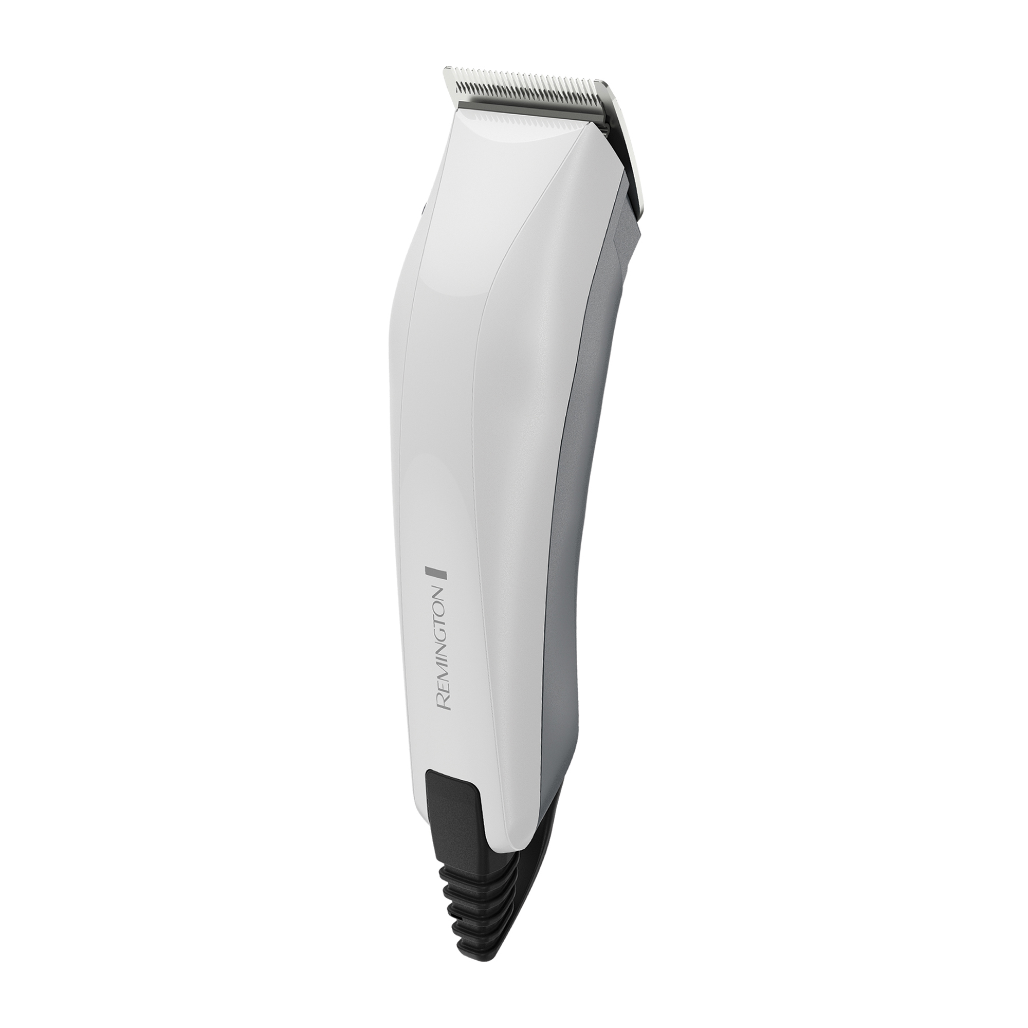 Un tagliacapelli Remington bianco e grigio. Il tagliacapelli è angolato con le lame in alto. Lo sfondo è bianco.
