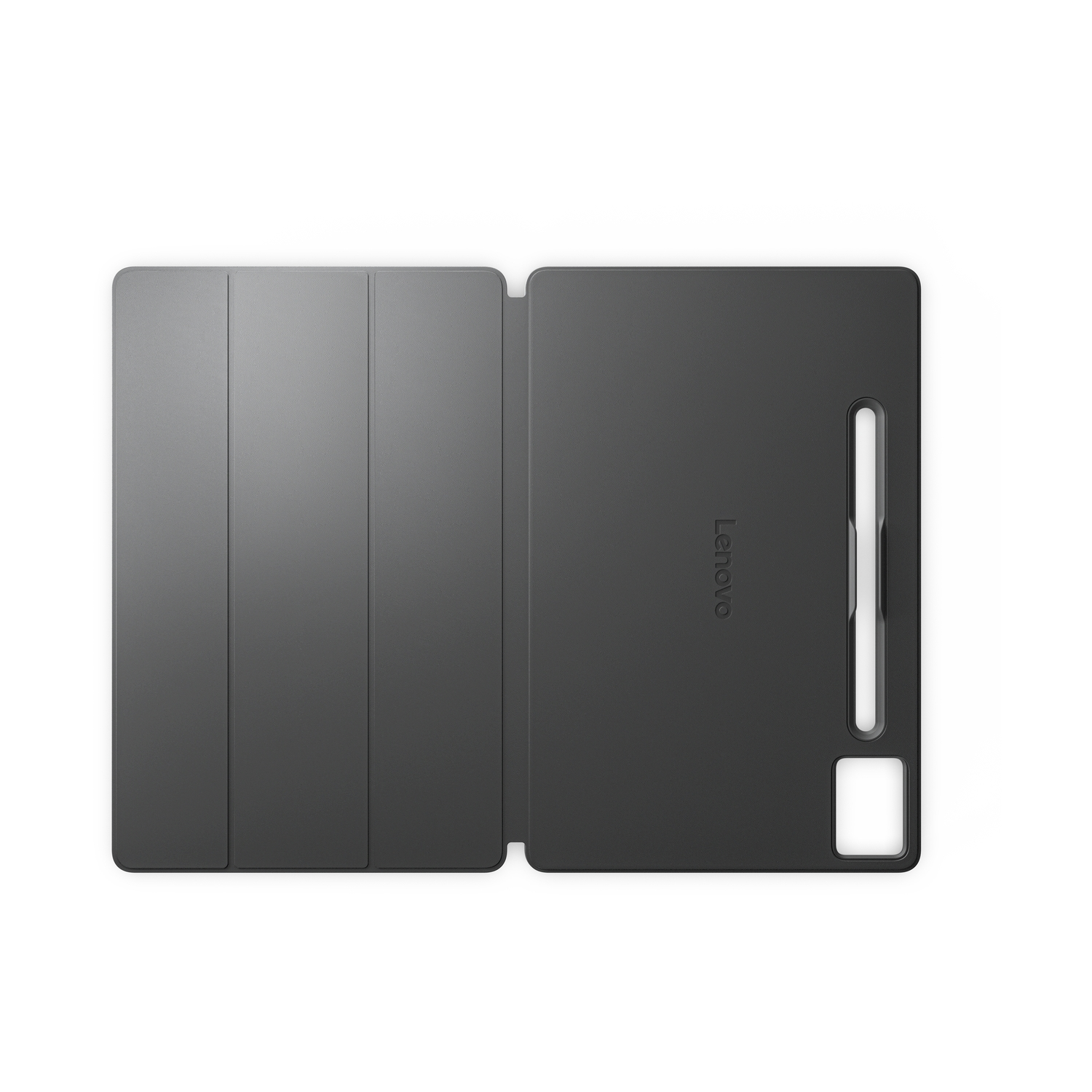 Een grijze Lenovo tablet case, open. De linkerkant is gevouwen. De rechterkant heeft een pennenhouder. Witte achtergrond.