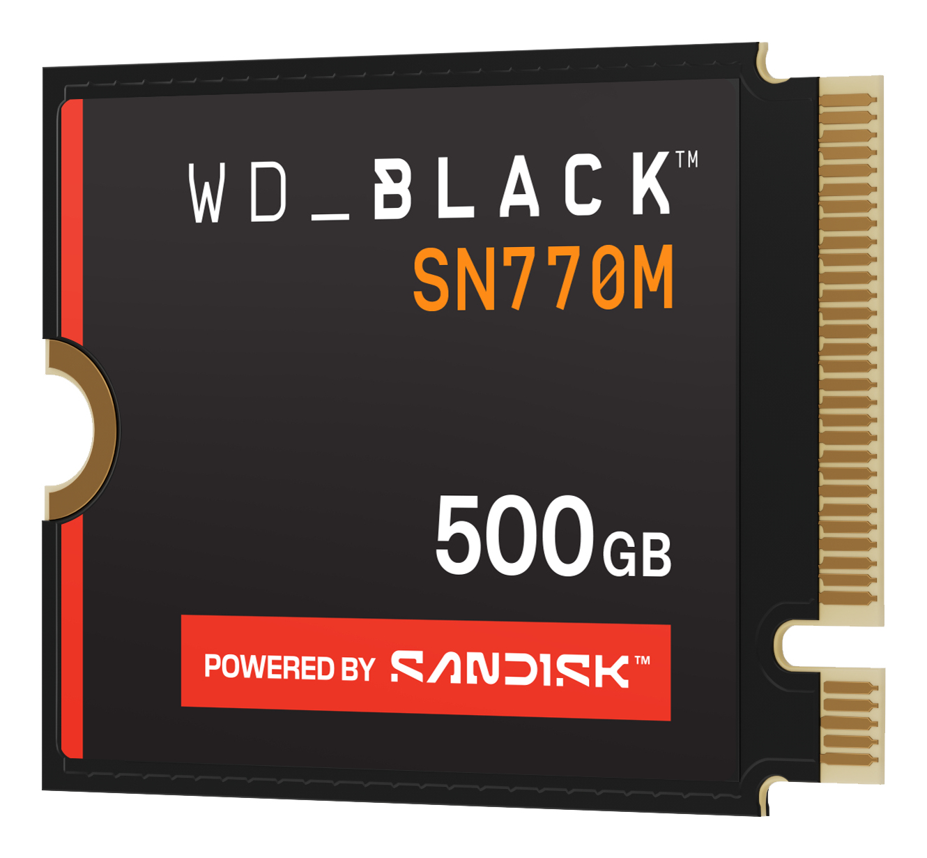 Un SSD noir WD_BLACK SN770M de 500 Go. Il a une bande rouge et est alimenté par SanDisk. Texte blanc sur fond noir.