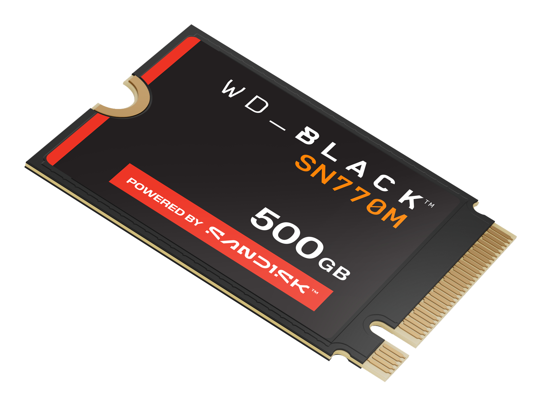 SSD noir WD_BLACK SN770M, 500 Go, alimenté par SanDisk. Texte orange et blanc sur carte noire. Bande rouge sur le bord.