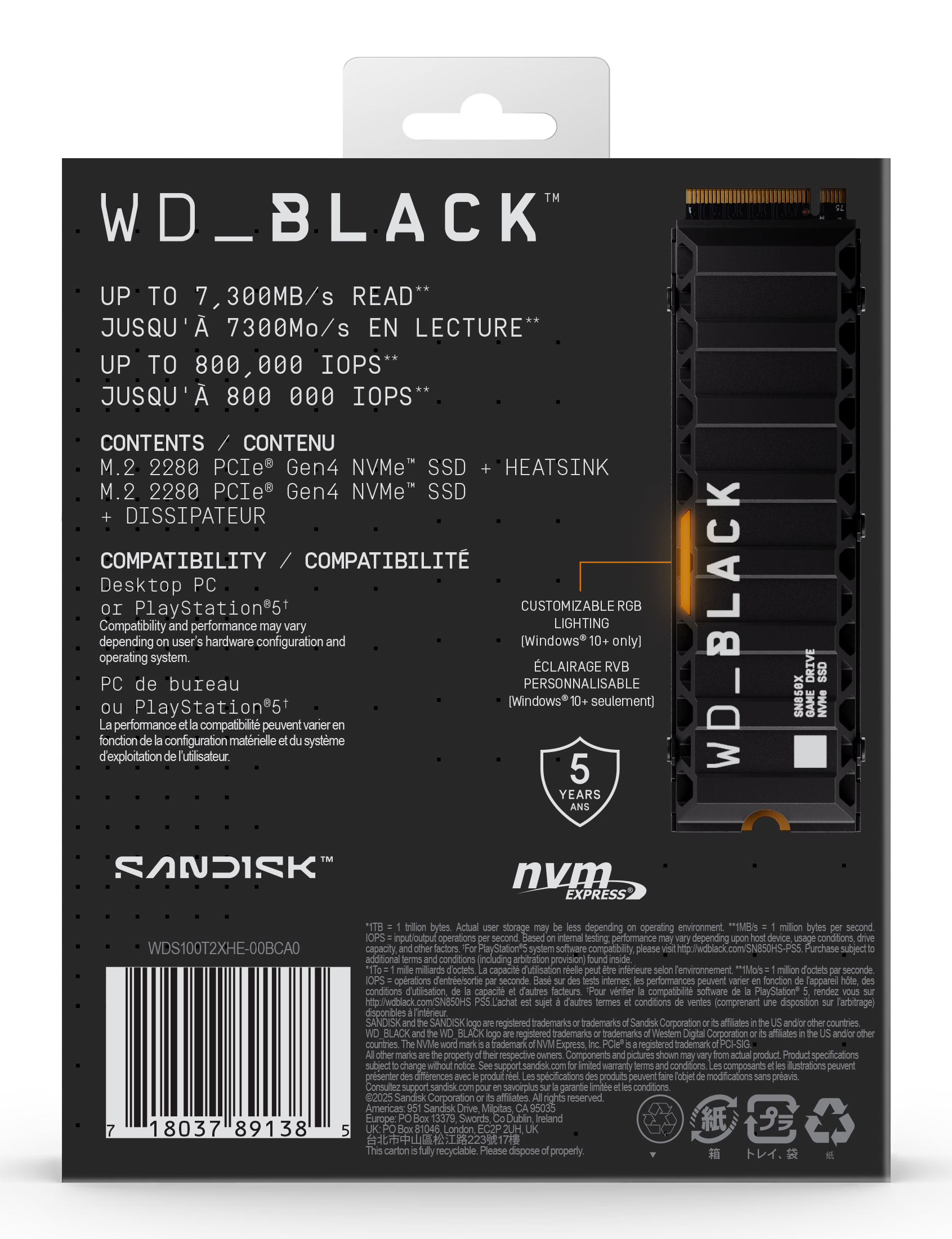 Opakowanie dysku SSD NVMe WD_BLACK. Czarne pudełko z tekstem, informacjami o produkcie i obrazem dysku. Zawiera loga Sandisk i NVMe Express.
