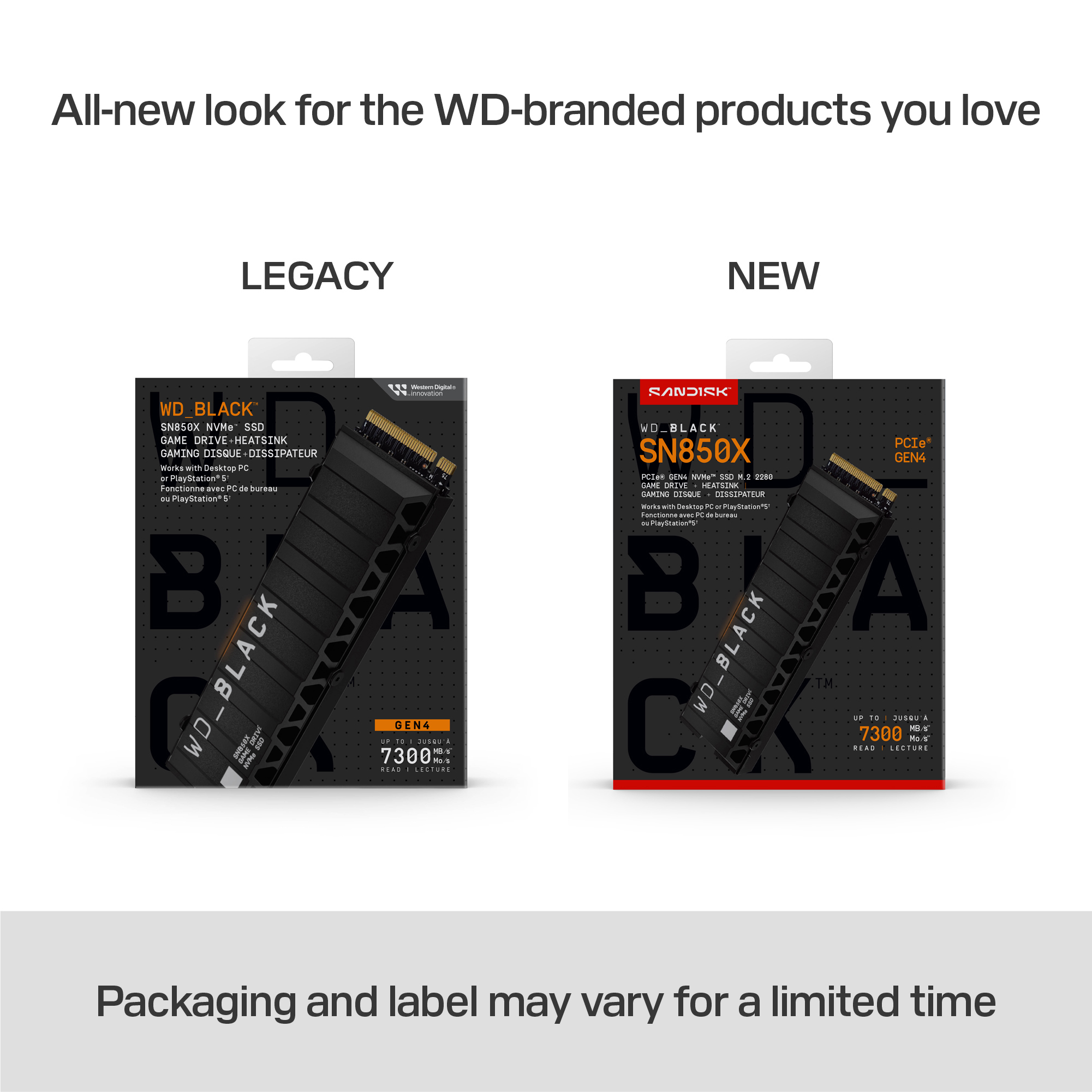 Obraz przedstawia dwa opakowania dysków SSD WD_BLACK, Legacy i New design. Oba są czarne i wyświetlają informacje o produkcie.