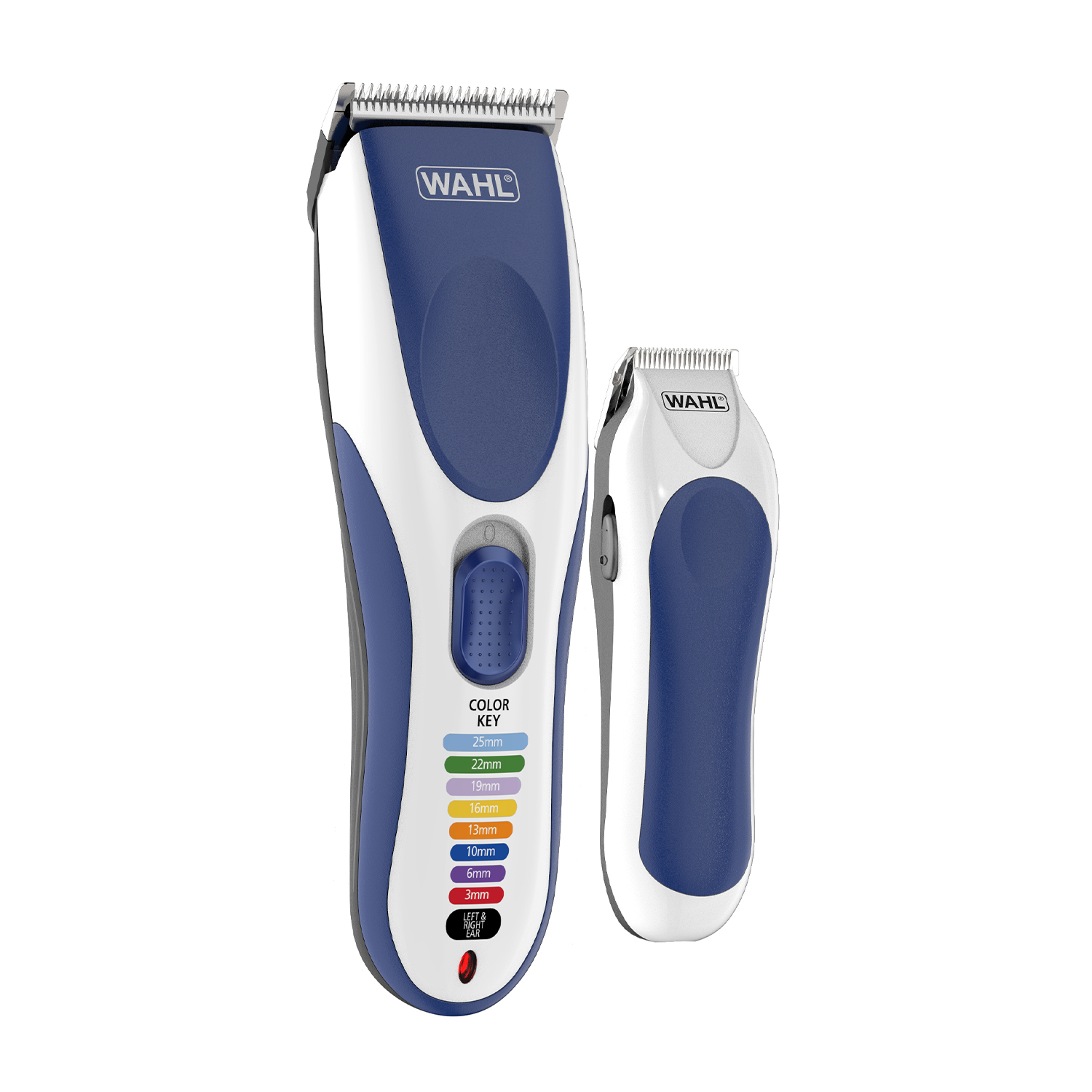 Dwie maszynki do włosów Wahl, niebiesko-białe, z kluczem kolorów pokazującym różne długości cięcia. Obie na białym tle.