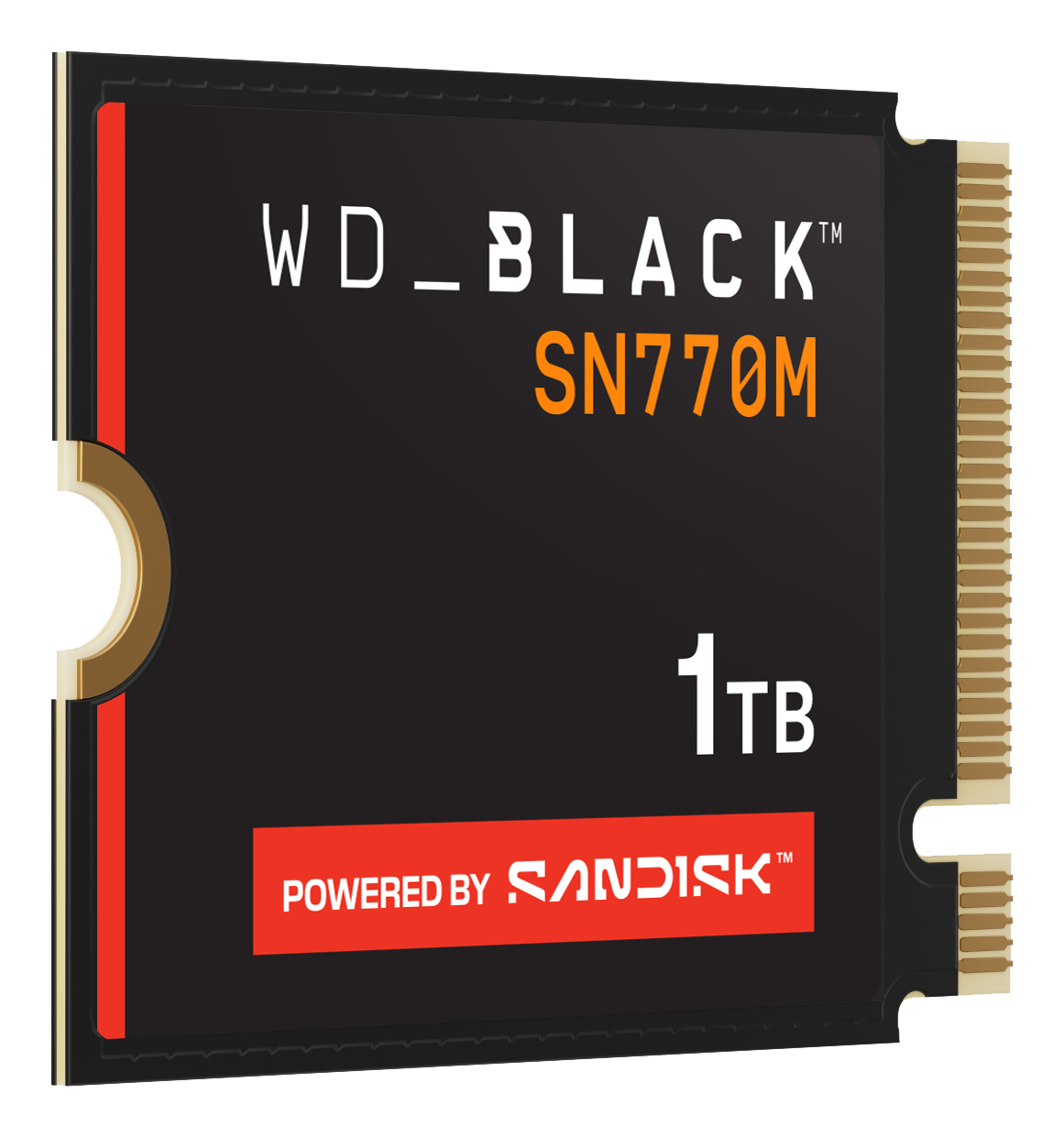 Czarny dysk SSD WD_BLACK SN770M 1TB. Ma czerwony pasek z boku i czerwone logo Sandisk na dole.