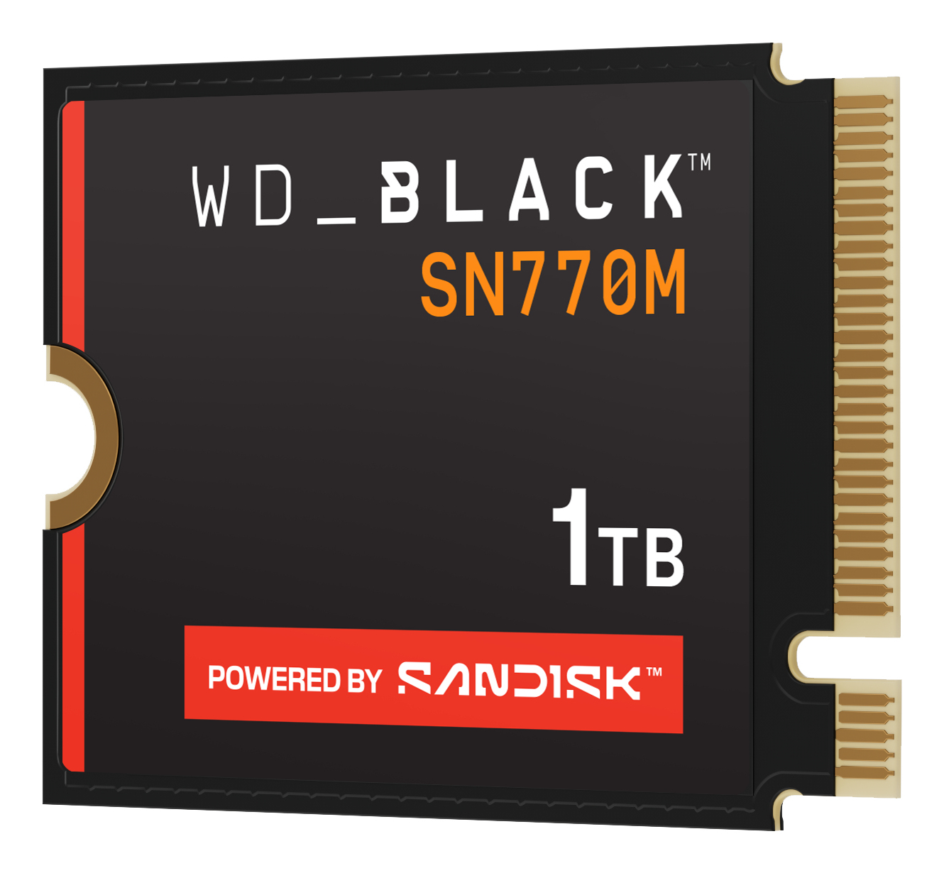 Dysk SSD WD Black SN770M 1TB. Czarna karta z pomarańczowym i białym tekstem. Czerwony pasek po lewej, złoty konektor po prawej.