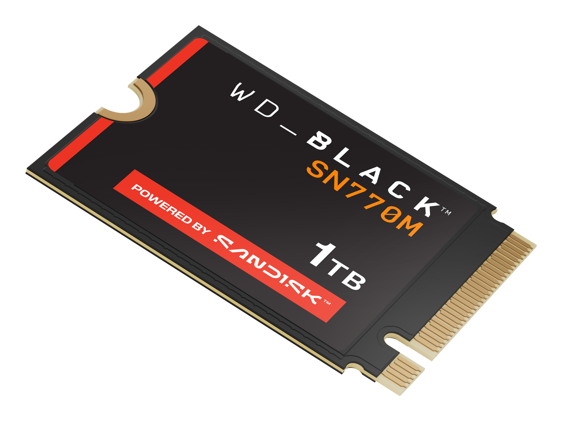 Dysk SSD WD Black SN770M 1TB. Czarna płytka drukowana z pomarańczowym i białym tekstem. Posiada markę Sandisk i złote złącze.