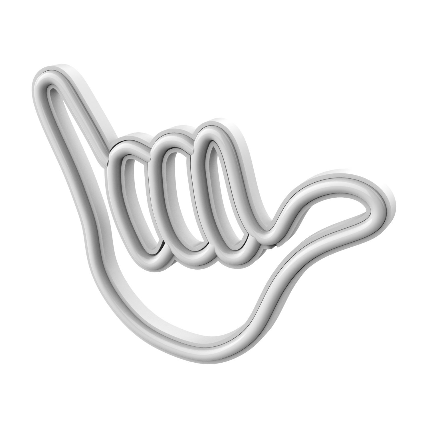 Een witte, 3D-gerenderde handgebaar, het 'shaka'-teken, tegen een witte achtergrond.