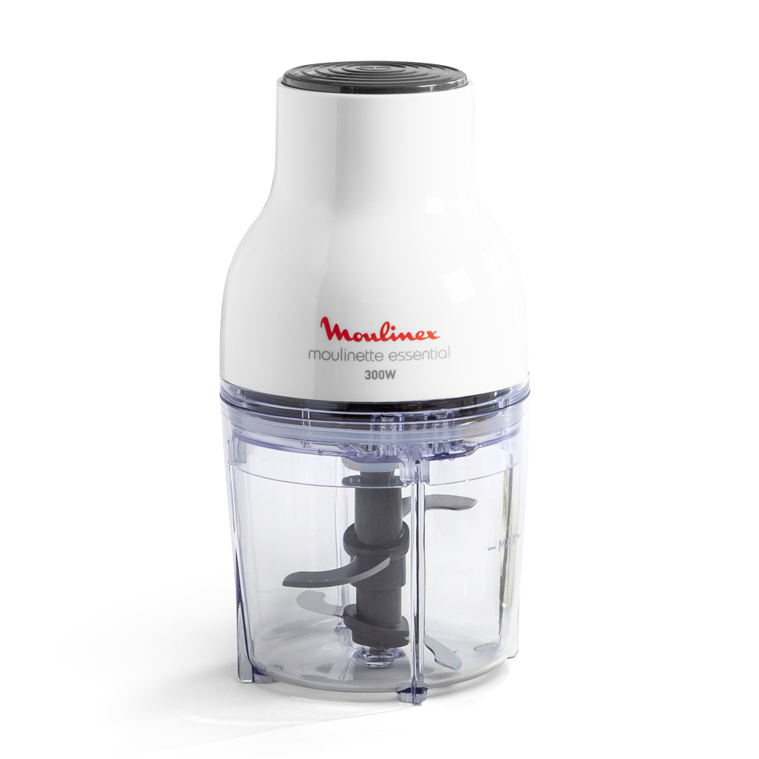 Un picador de alimentos Moulinex blanco y transparente. Tiene un cuerpo blanco, un recipiente de plástico transparente y una cuchilla negra.