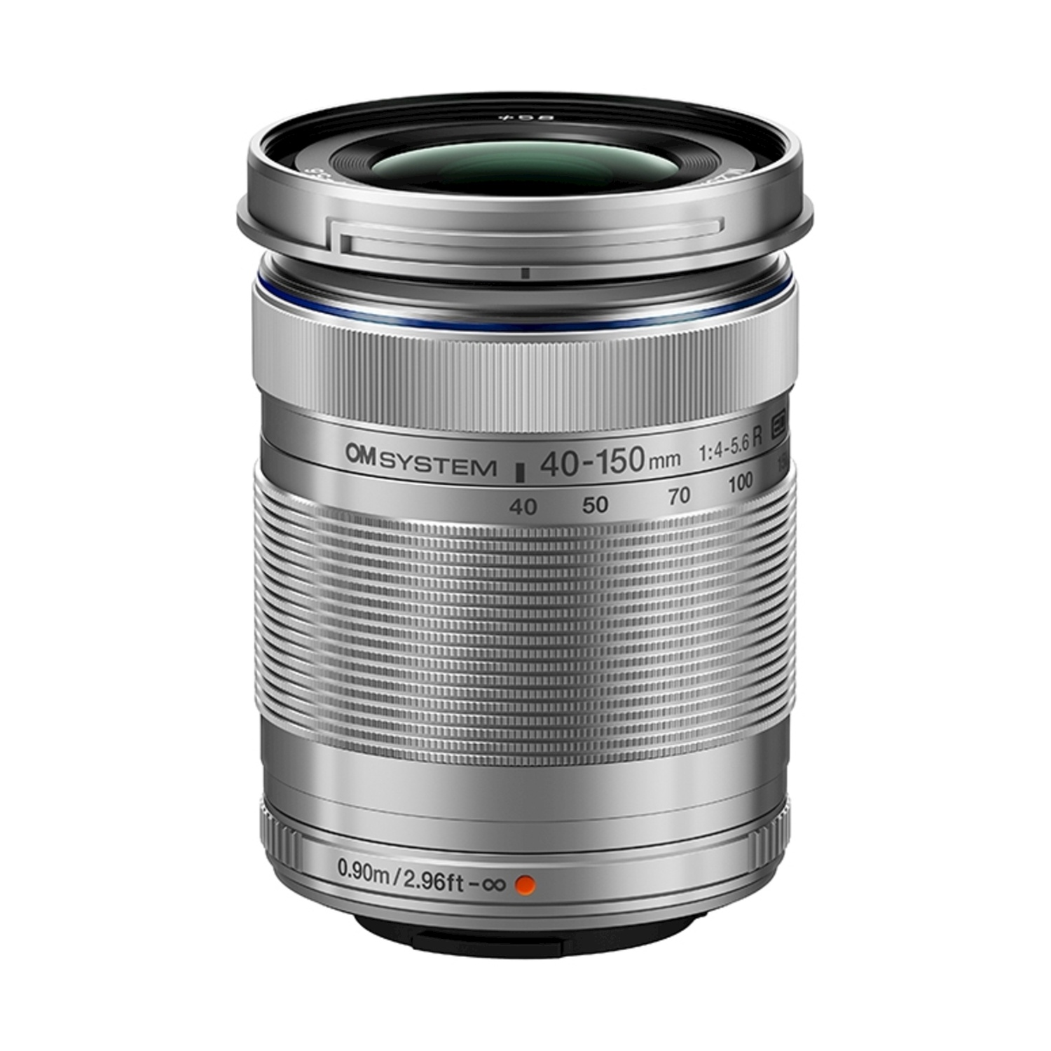 Un obiettivo per fotocamera argento e nero, etichettato 'OM SYSTEM 40-150mm', su sfondo bianco. Mostra marcature di lunghezza focale e un punto arancione.