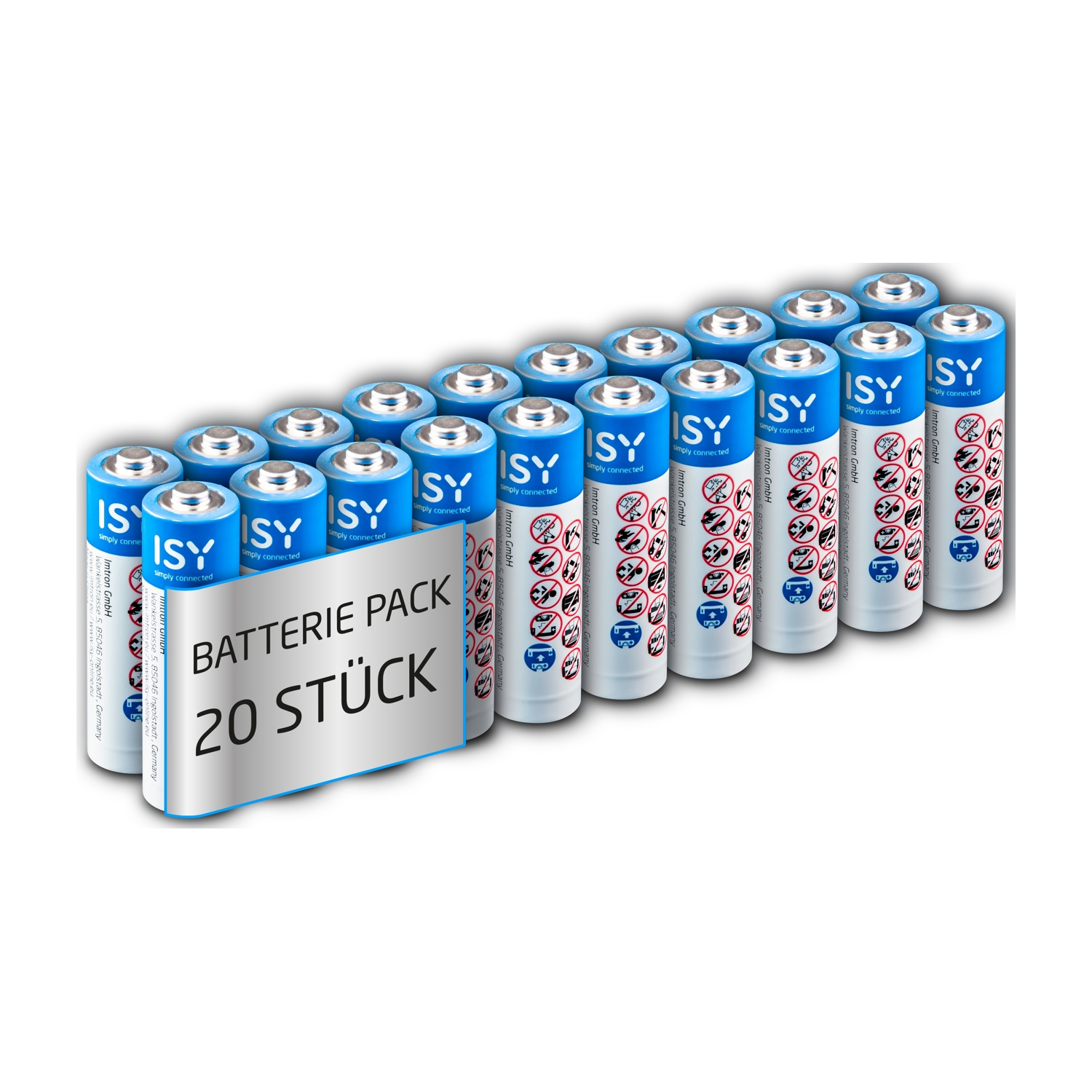Wyświetlany jest pakiet 20 baterii ISY. Baterie są niebiesko-białe, cylindryczne. Widoczny jest tekst 'Batterie Pack 20 Stück'.