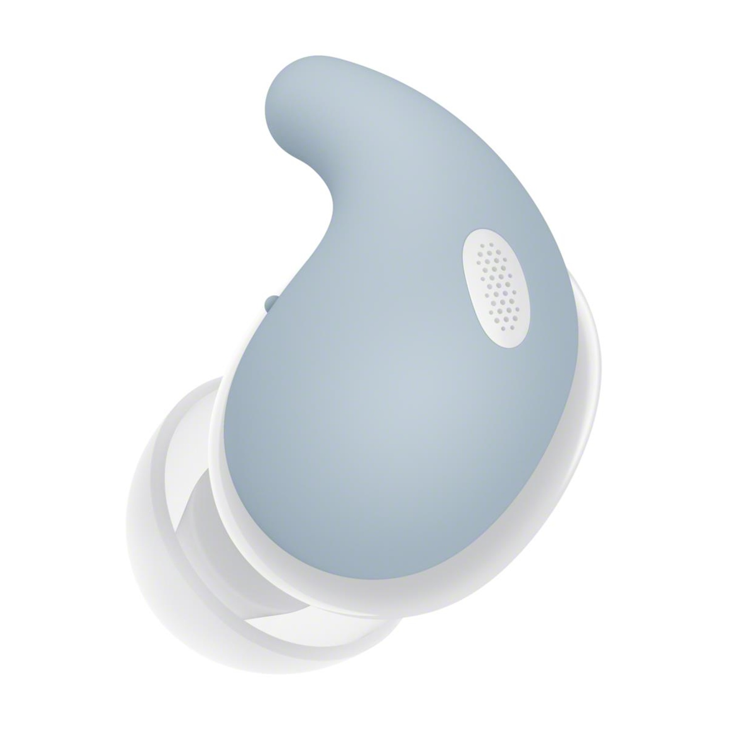 Primo piano di un auricolare azzurro e bianco. L'auricolare ha un design curvo con una punta bianca e un piccolo altoparlante. Isolato su bianco.