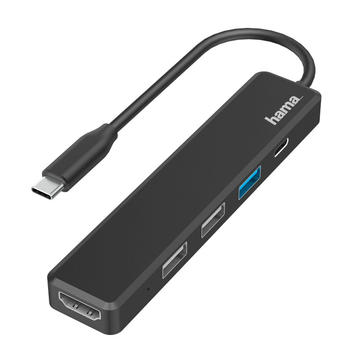 Hub USB-C Hama nero con più porte, tra cui HDMI e USB. Il cavo è curvo. Lo sfondo è bianco.