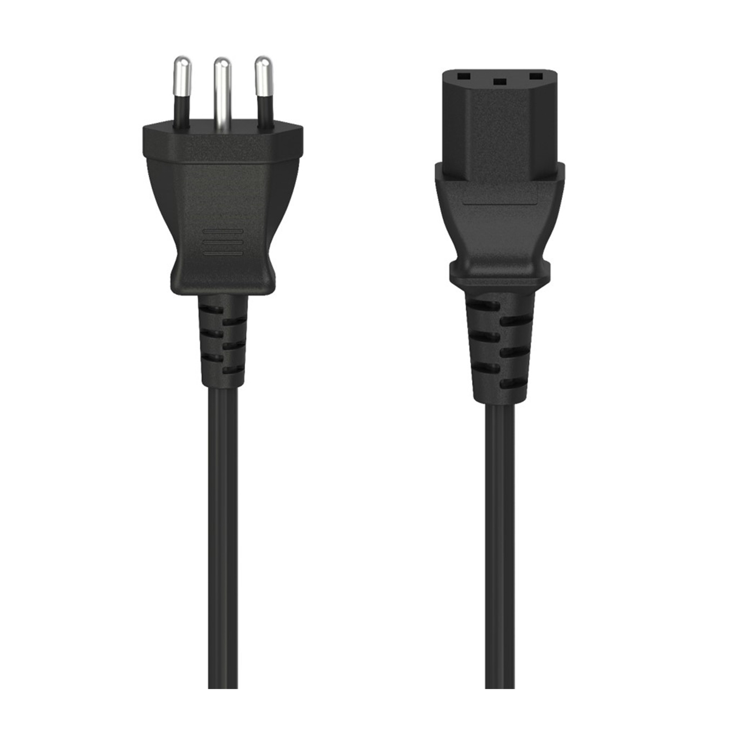 Dwa czarne przewody zasilające. Jeden z trzema bolcami, drugi z trzema otworami. Oba mają czarne kable.