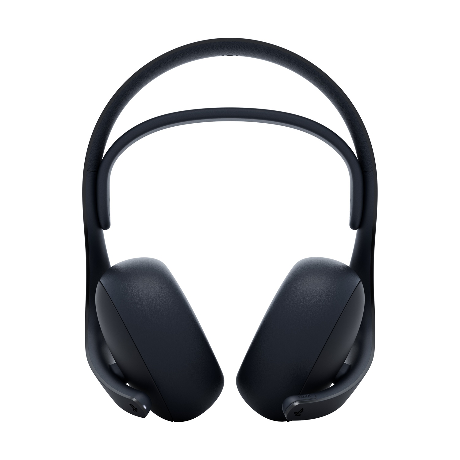 Para ciemnoniebieskich słuchawek. Słuchawki mają dwie słuchawki i pałąk. Tło jest białe.