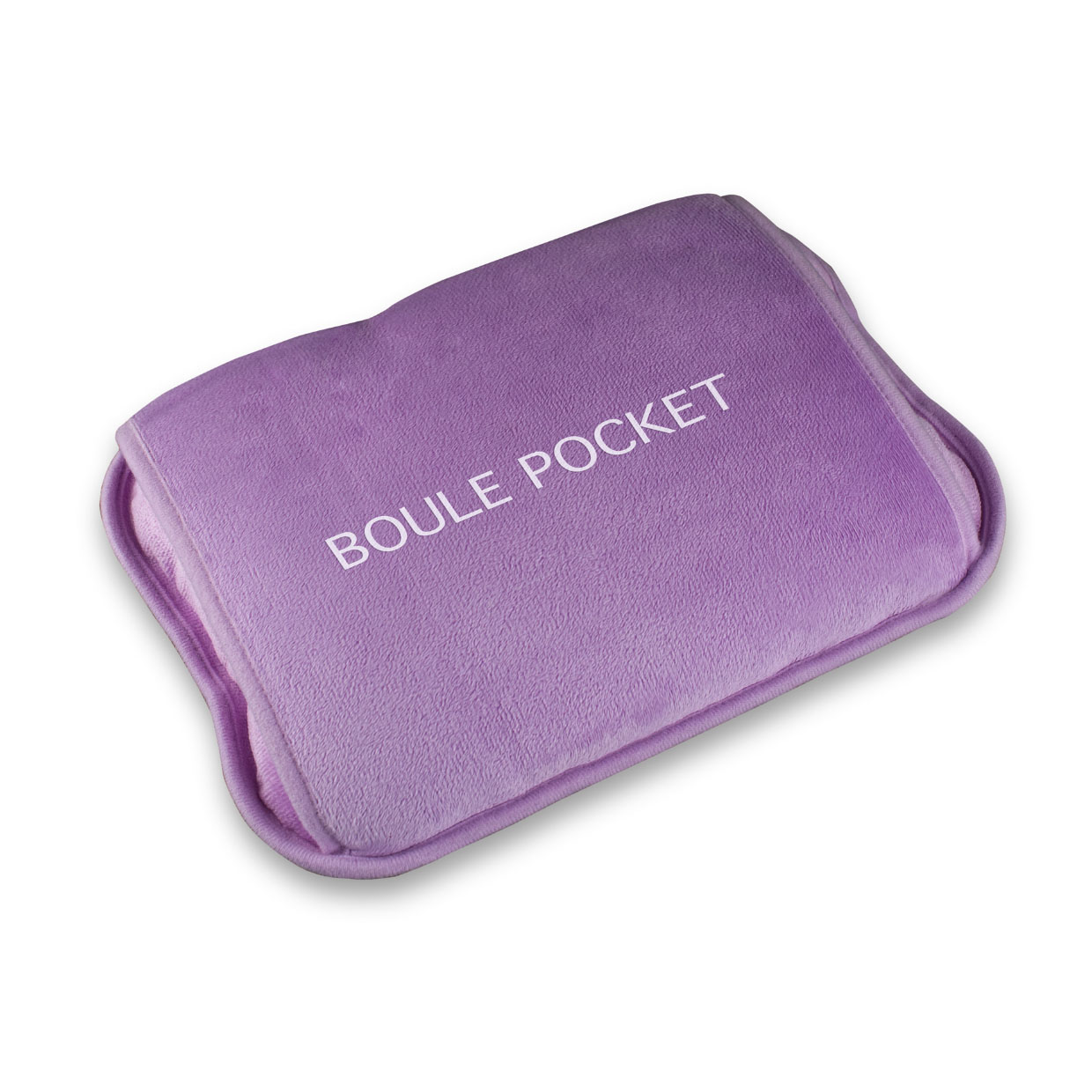 Un cuscino "BOUILE POCKET" color lavanda su una superficie bianca. Il cuscino è rettangolare con angoli arrotondati. Il testo è bianco.