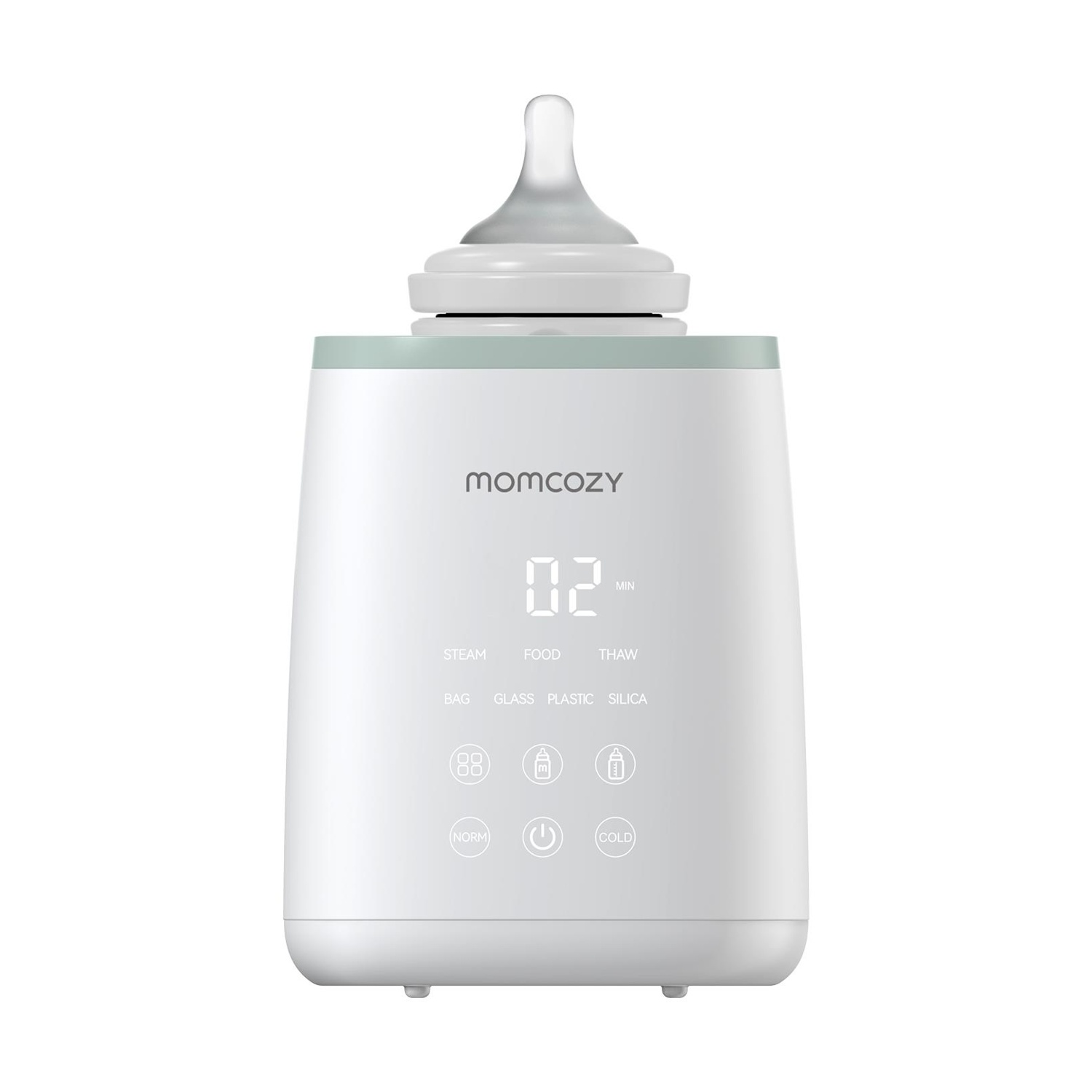 Ein weißer und mintgrüner Momcozy-Babyflaschenwärmer. Er hat eine digitale Anzeige, Knöpfe und eine Flasche mit einem Schnuller oben.