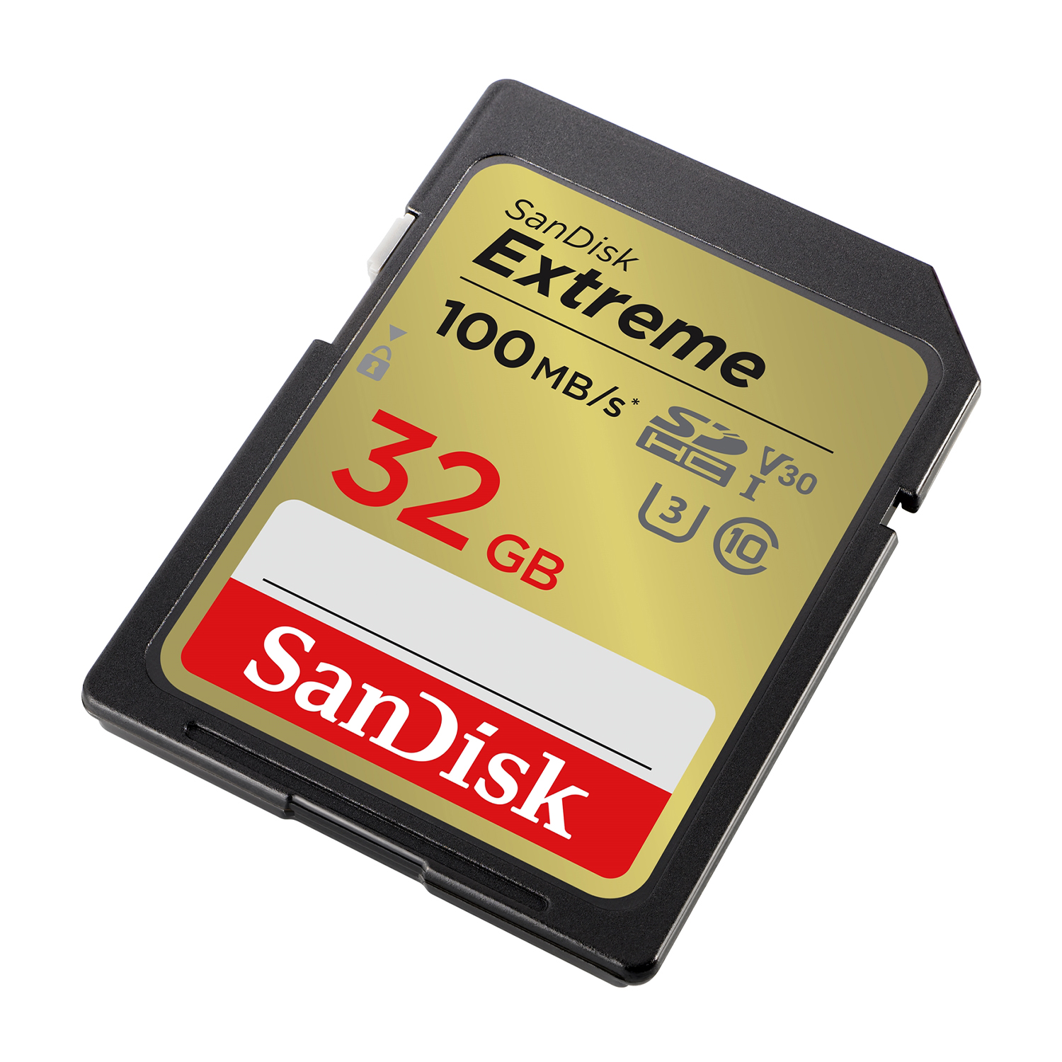 Karta SD SanDisk Extreme 32GB, czarna ramka, złoty środek z białym i czerwonym logo SanDisk. Pokazuje prędkość i pojemność.