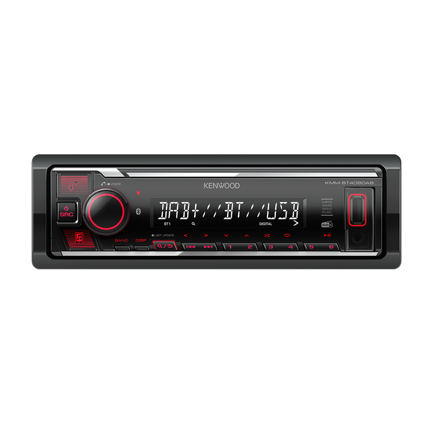 Radio samochodowe Kenwood z czarnym panelem, czerwonymi akcentami, przyciskami i wyświetlaczem z opcjami DAB+, BT i USB.