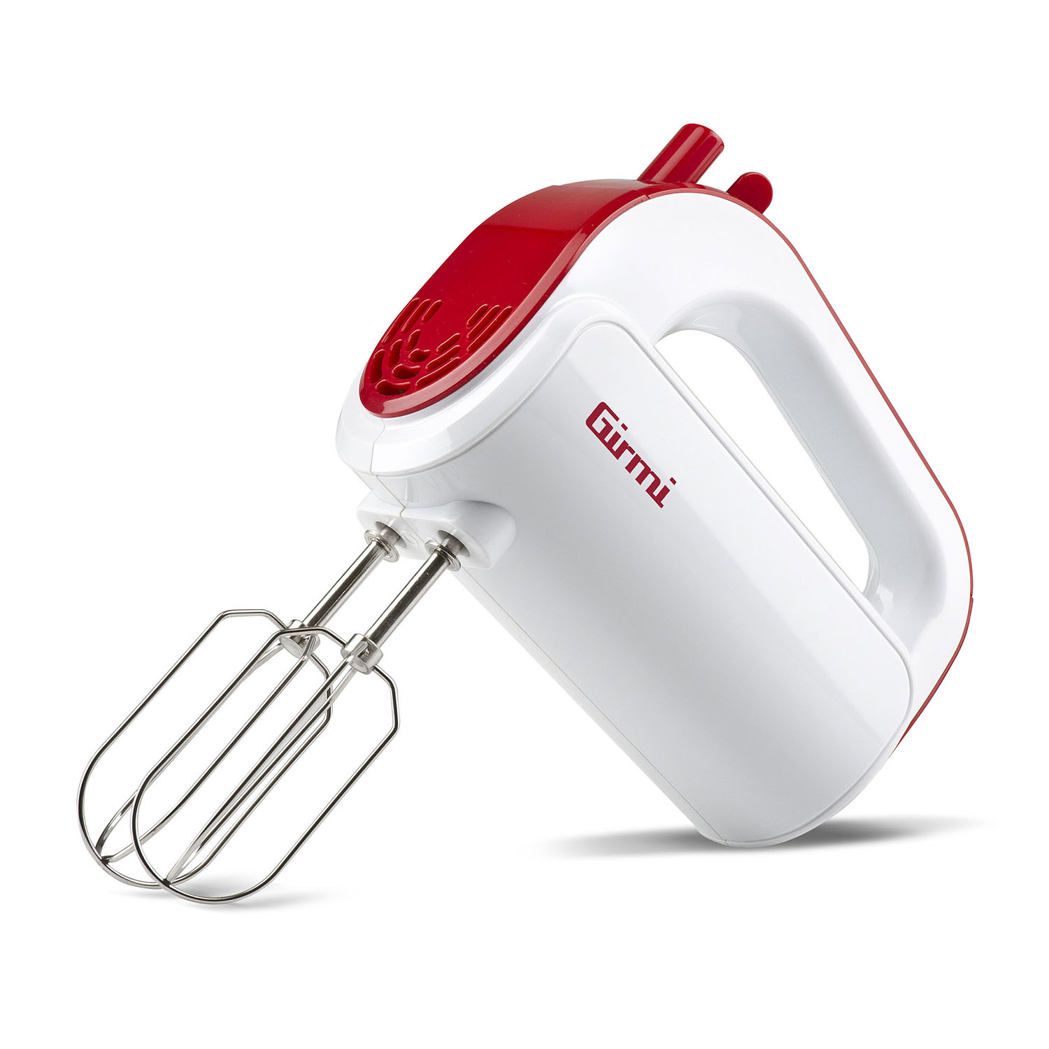 Una batidora de mano blanca y roja, con batidores de metal. La marca "Girmi" es visible. La batidora está sobre un fondo blanco.
