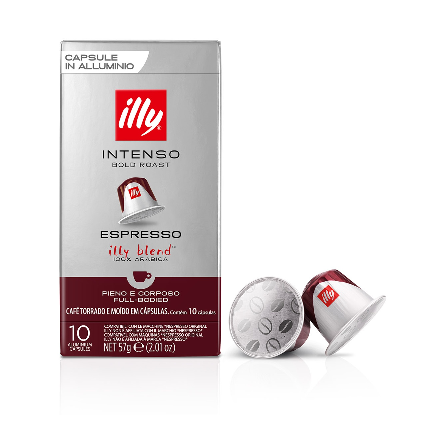 Una scatola di caffè con il logo 'illy', l'etichetta 'Intenso' e capsule di caffè. Le capsule sono bianche, rosse e argentate.
