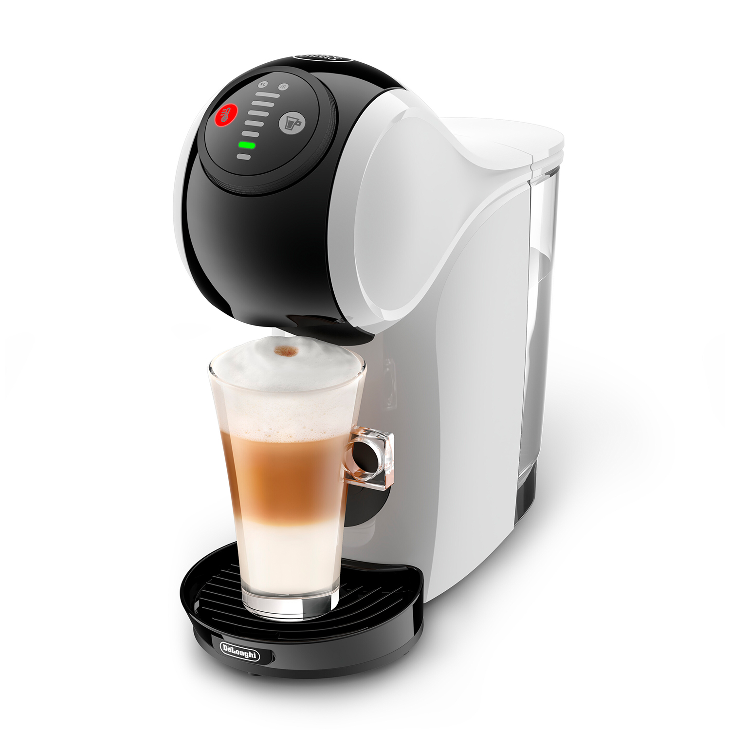 Eine weiß-schwarze Kaffeemaschine mit einem Glas Latte Macchiato. Die Maschine hat ein Bedienfeld und einen Wassertank.