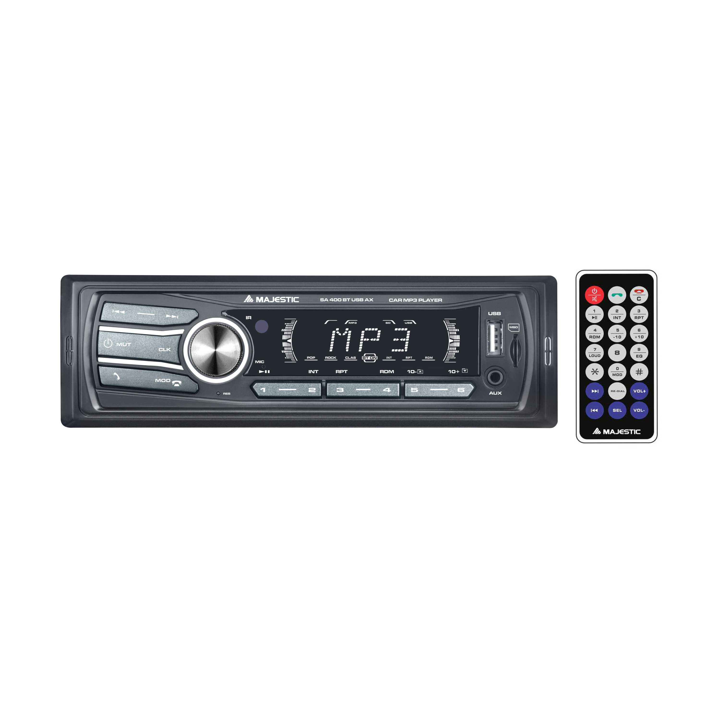 Autoradio mit Fernbedienung. Es hat Knöpfe, ein Display und einen USB-Anschluss. Ein Majestic-Logo ist sichtbar.