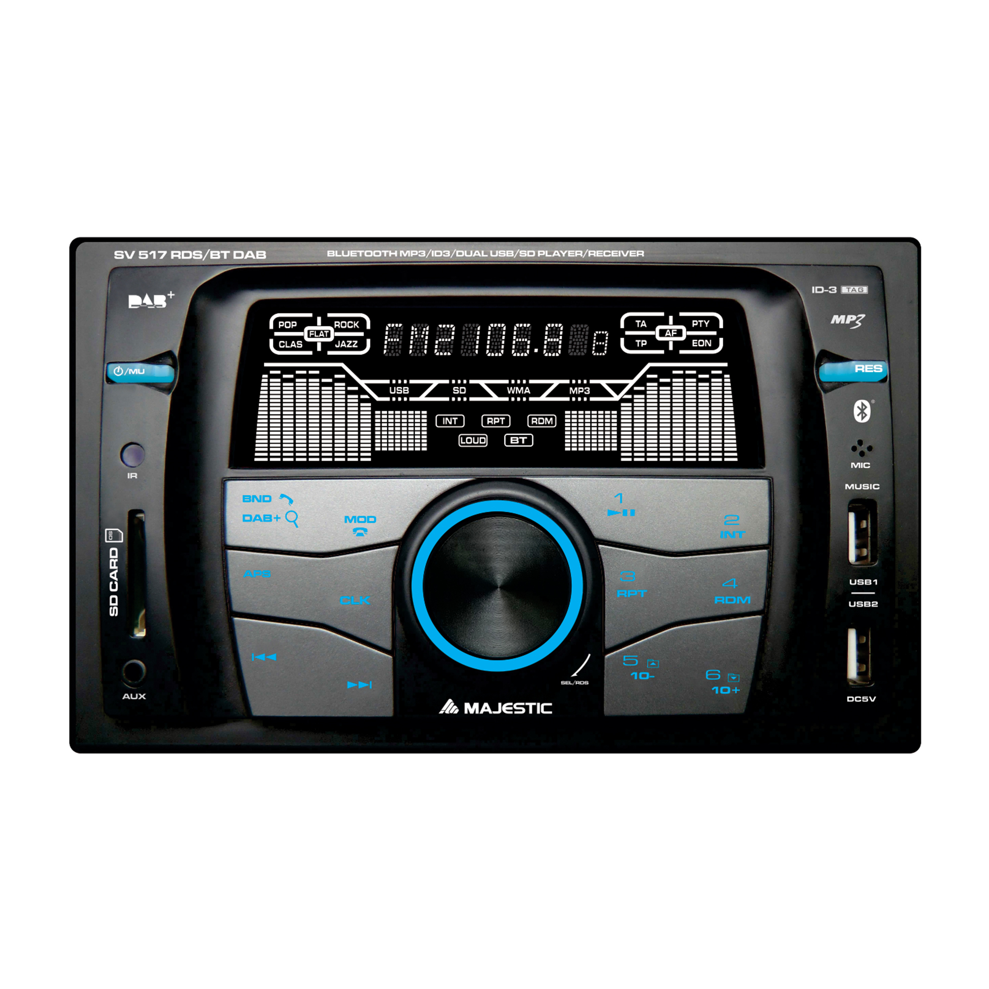 Autoradio mit Knöpfen, einem Bildschirm, der 106,8 FM anzeigt, und einem zentralen Bedienknopf. Mit USB-Anschlüssen und SD-Kartensteckplatz.