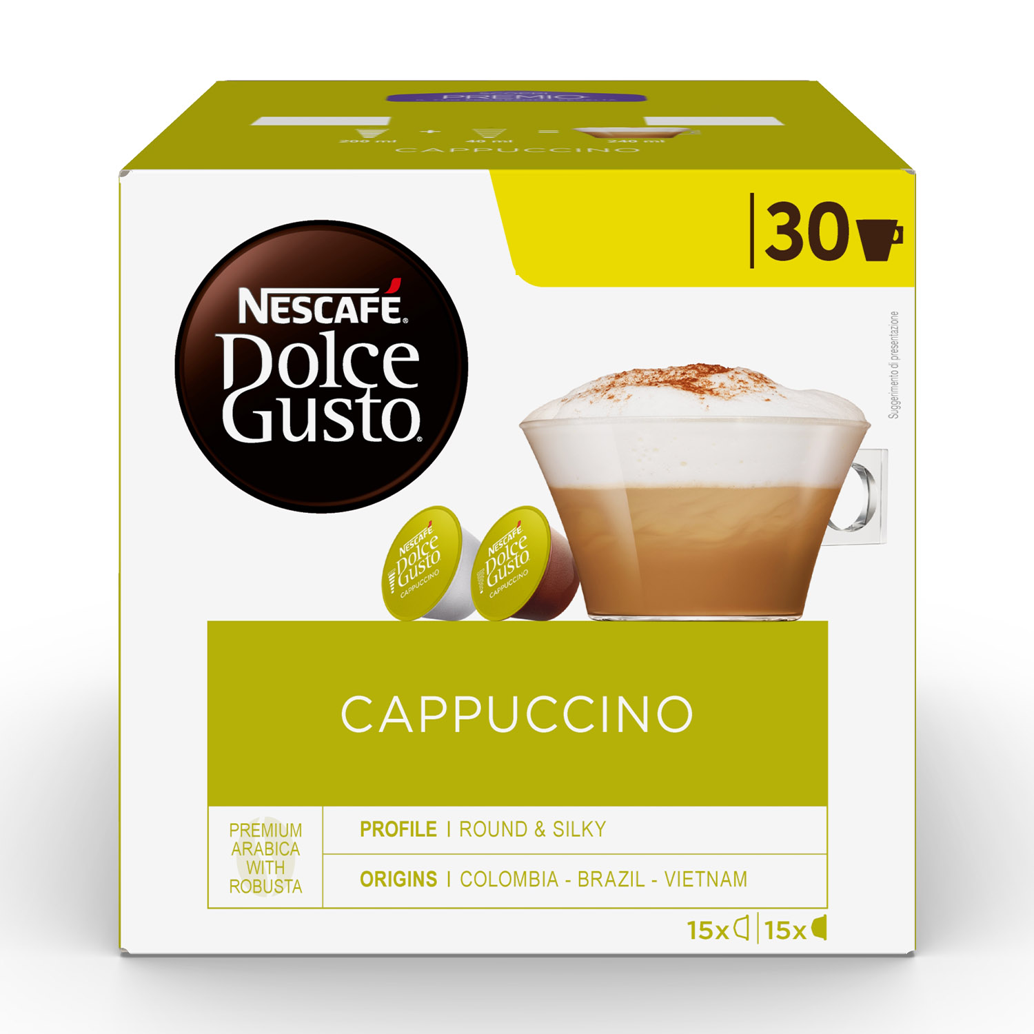 Schachtel Nescafé Dolce Gusto Cappuccino. Enthält eine Tasse Cappuccino und zwei Kapseln. Text: Cappuccino, Premium Arabica mit Robusta.