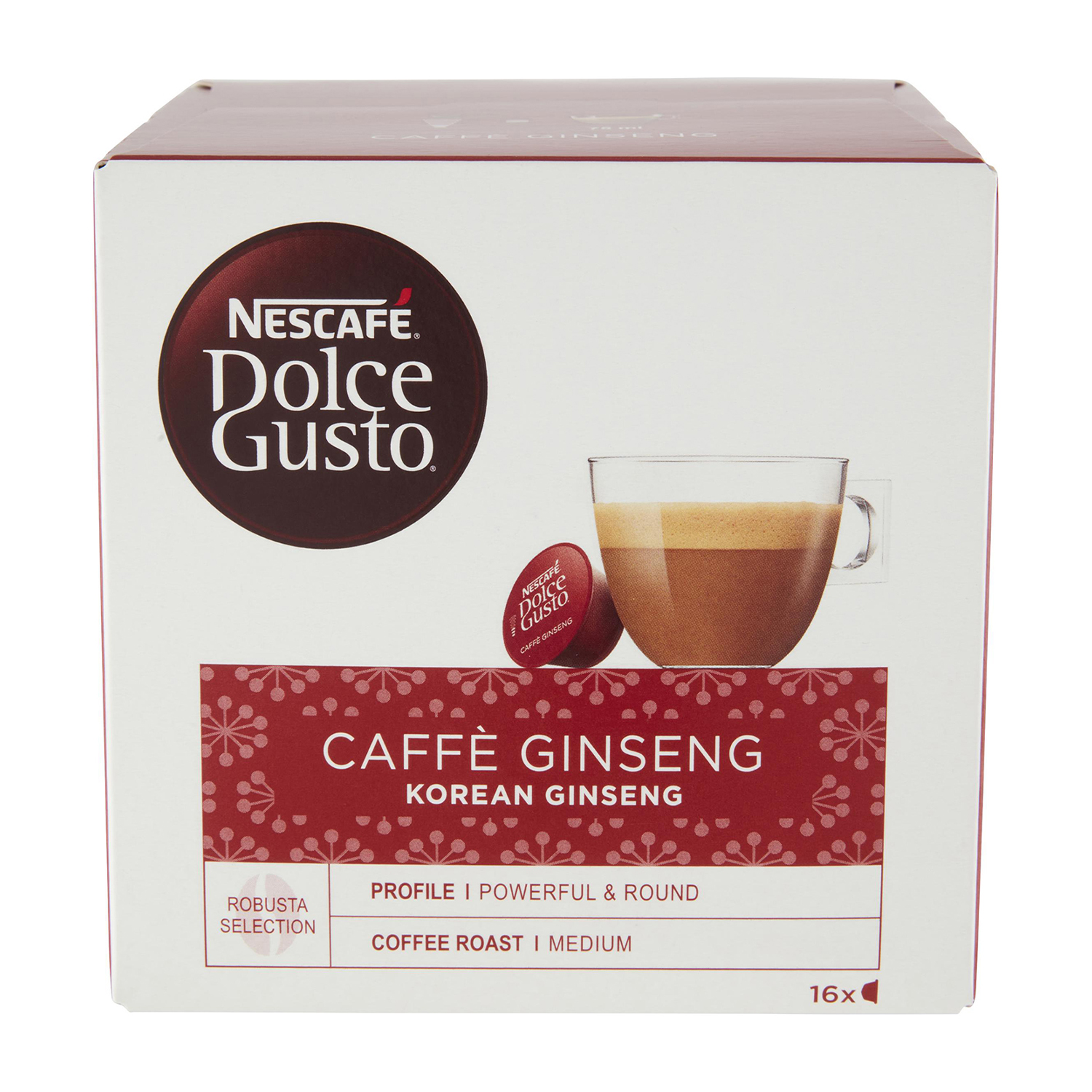 Schachtel mit Nescafé Dolce Gusto Caffe Ginseng. Auf der Vorderseite befindet sich eine Kaffeetasse und eine Kapsel. Text: 'Korean Ginseng'.