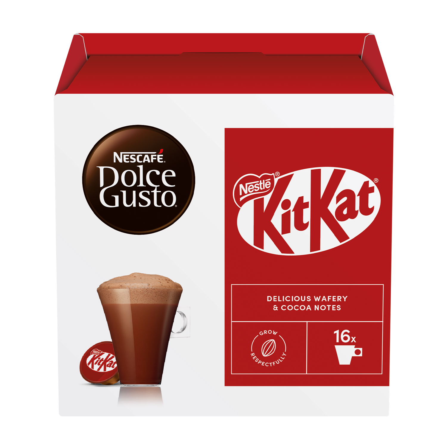 Eine Schachtel mit Nescafe Dolce Gusto und KitKat-Marken. Eine Tasse Kaffee und eine KitKat-Kapsel sind abgebildet. Die Box ist rot und weiß.