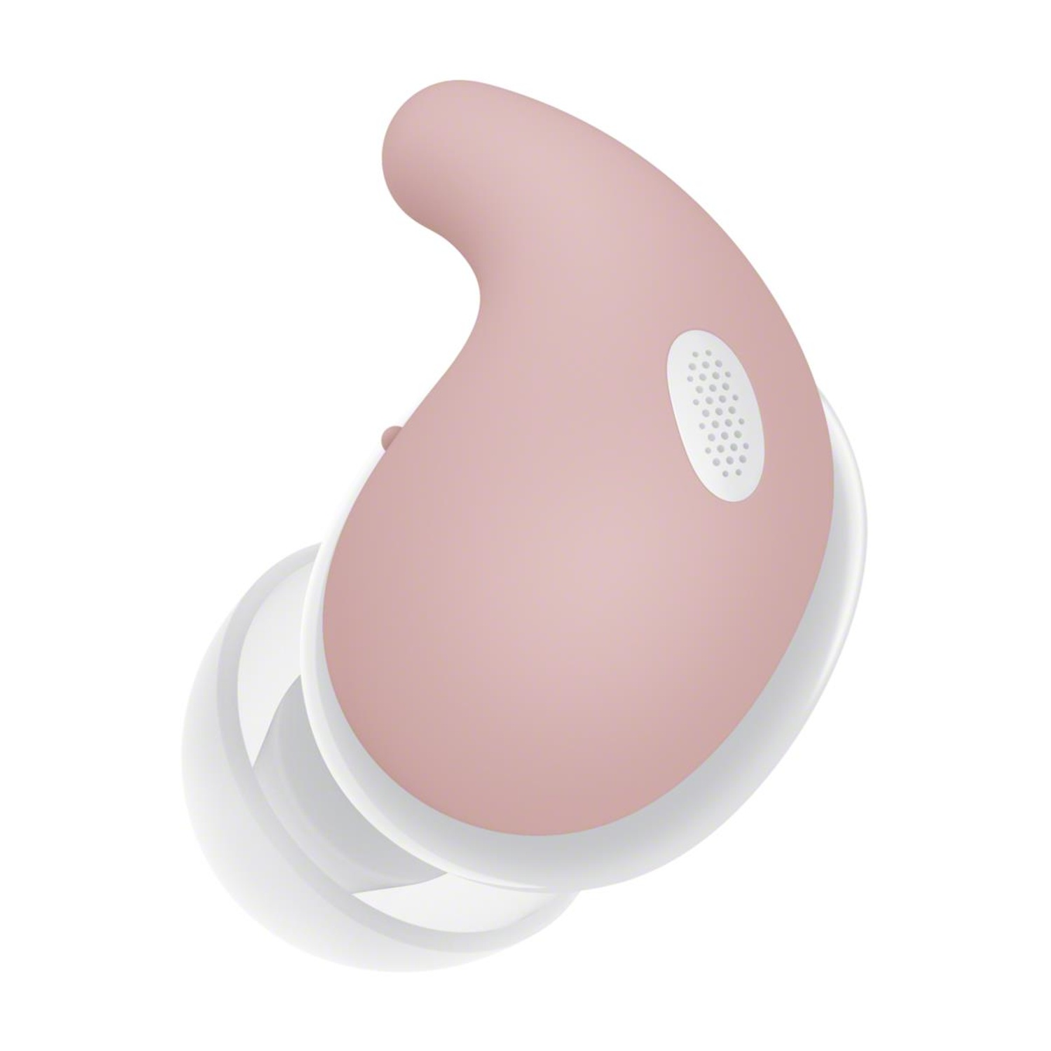 Un auricular rosa y blanco sobre fondo blanco. El auricular tiene forma redondeada, con un auricular blanco.