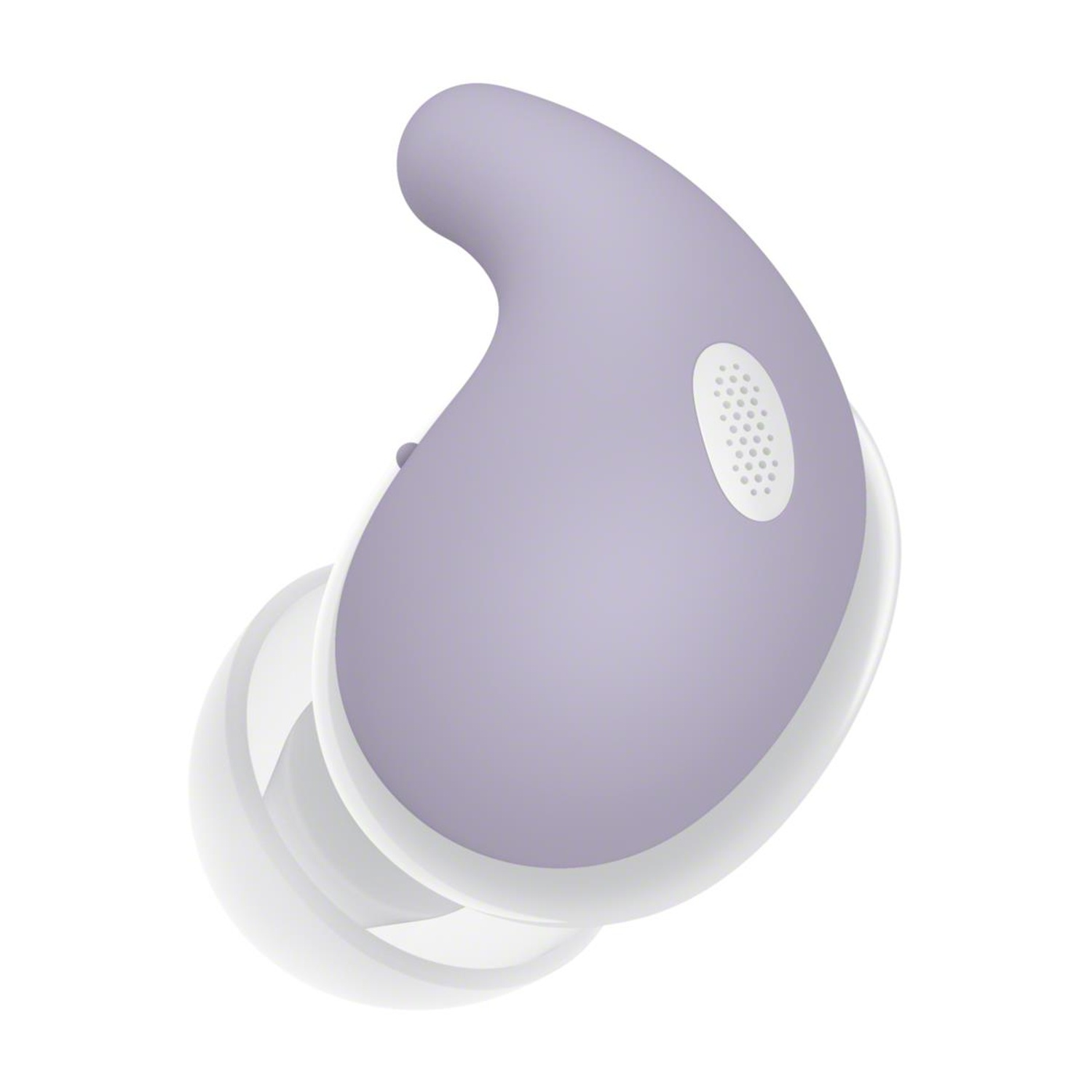 Primer plano de un auricular morado y blanco sobre un fondo blanco. El auricular tiene forma redondeada con un pequeño altavoz.
