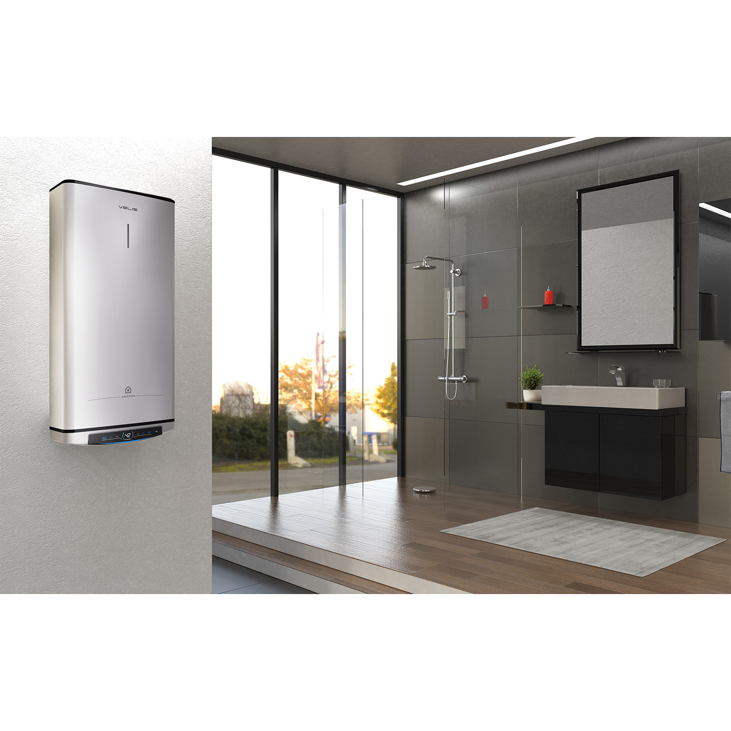 Un bagno moderno con uno scaldabagno argentato. Ha doccia, specchio, lavandino e pavimento in legno. Una finestra mostra l'esterno.