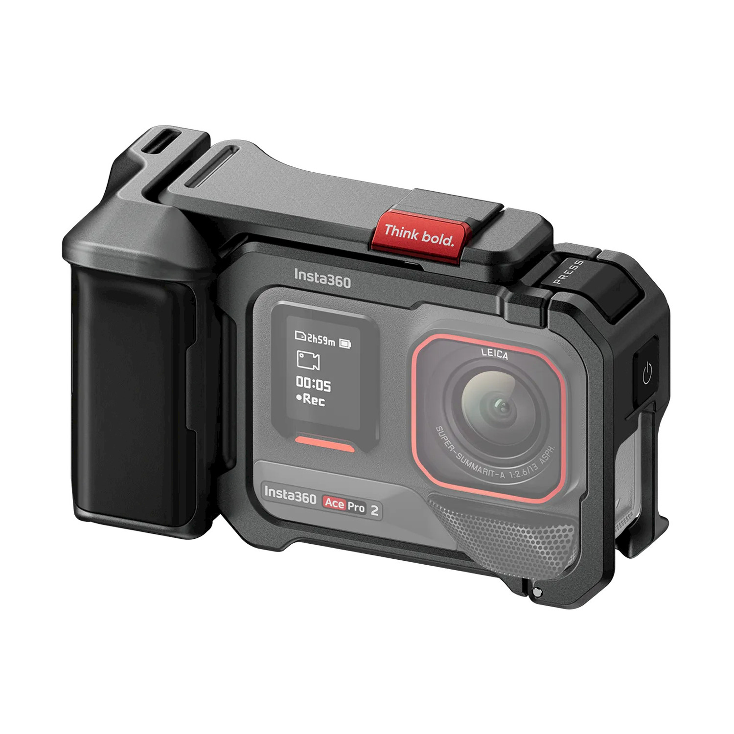 Eine Insta360 Ace Pro 2 Kamera in einer Schutzhülle. Sie hat ein Leica-Objektiv und einen roten Knopf. Der Bildschirm zeigt die Aufnahmezeit.