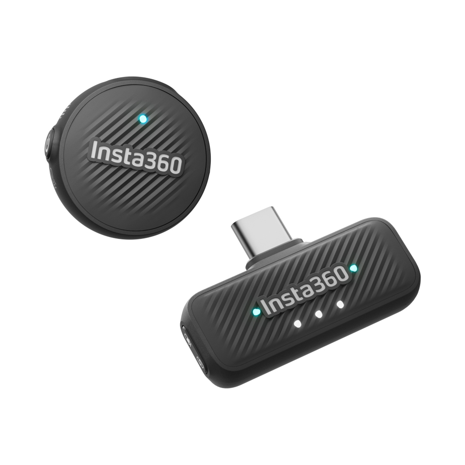 Dos dispositivos Insta360 negros. Uno redondo con una luz azul. El otro rectangular con USB-C y tres luces blancas.